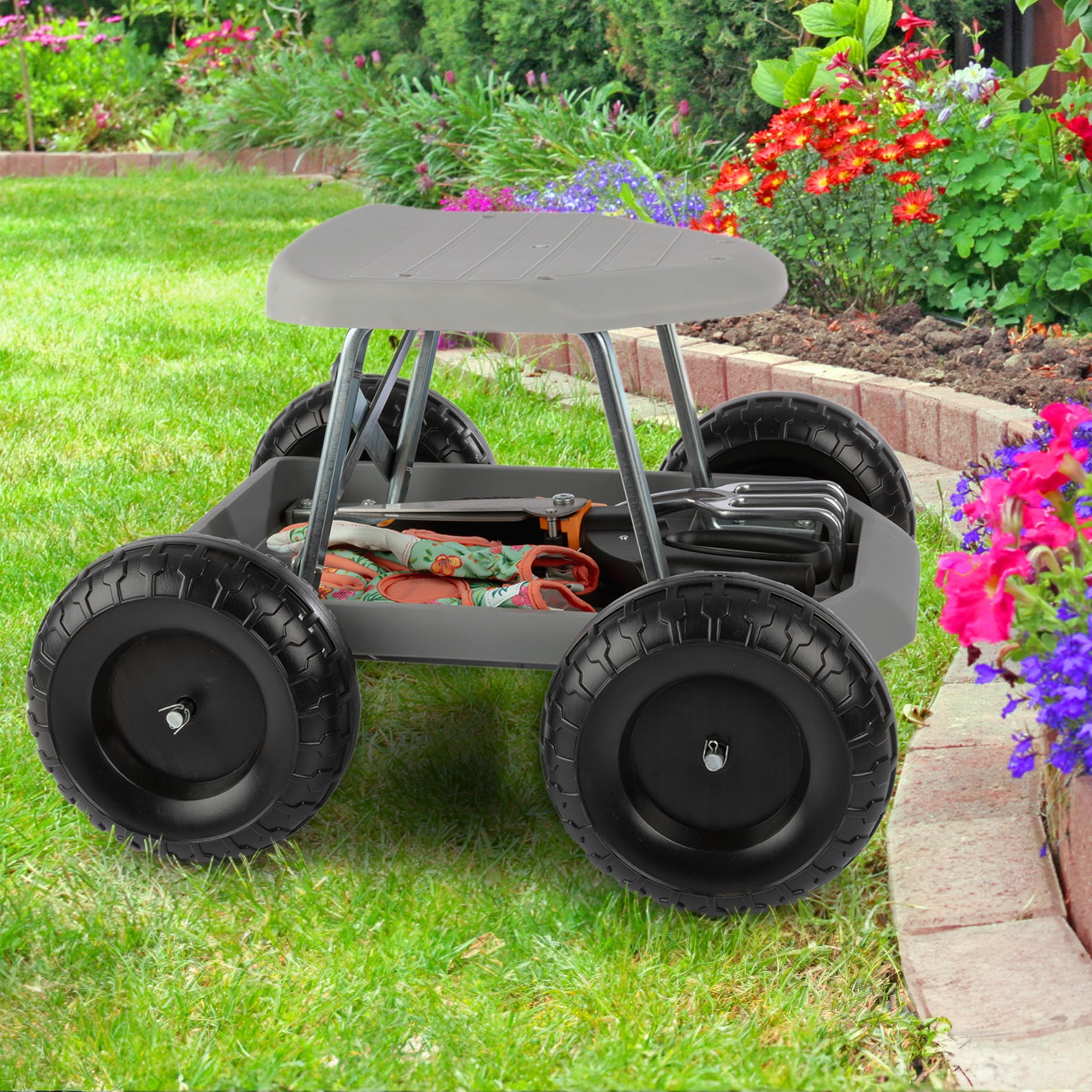 Dimensions of Pure Garden Rolling Garden Stool displayed
