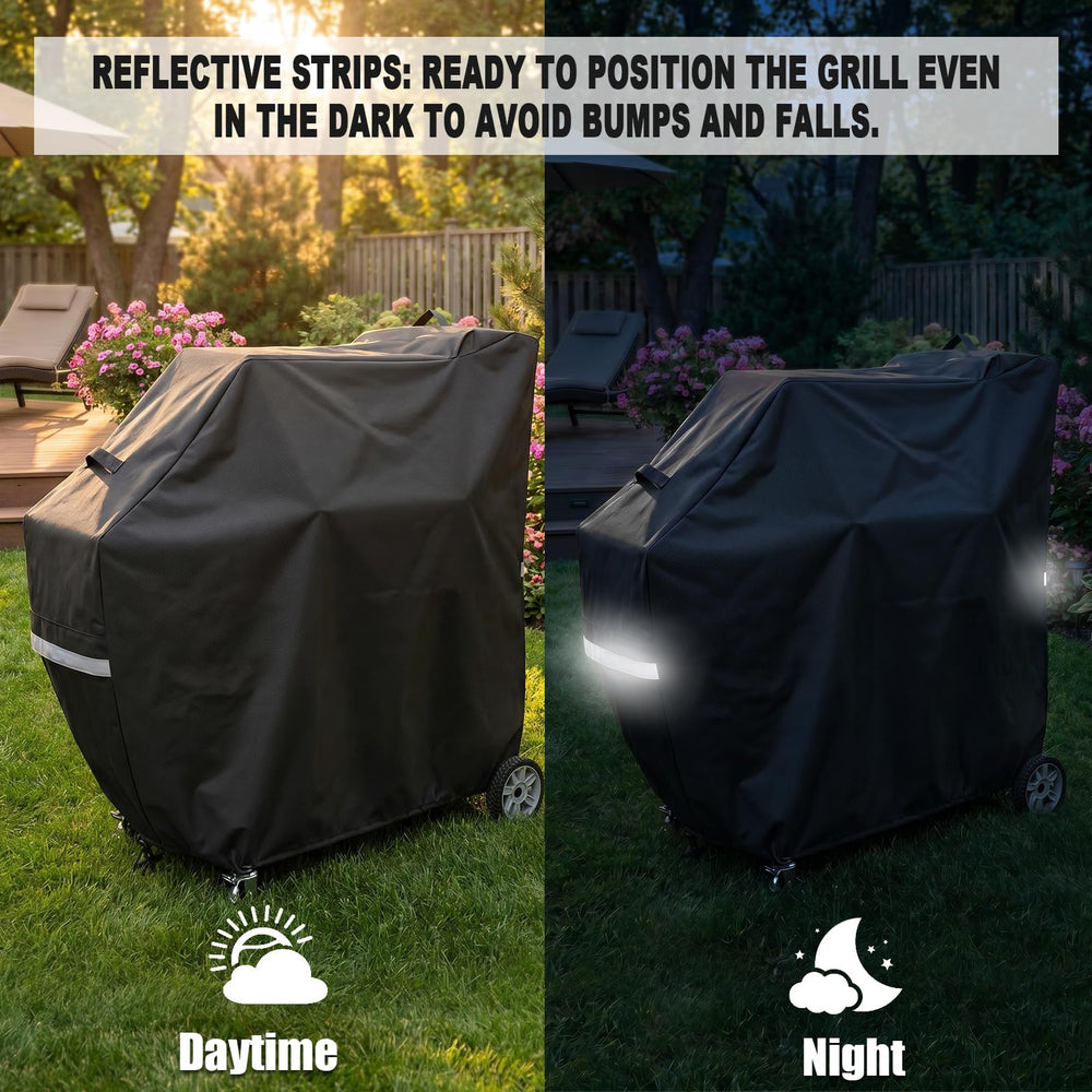 Dimensions of QuliMetal Smoker Cover displayed next to a grill