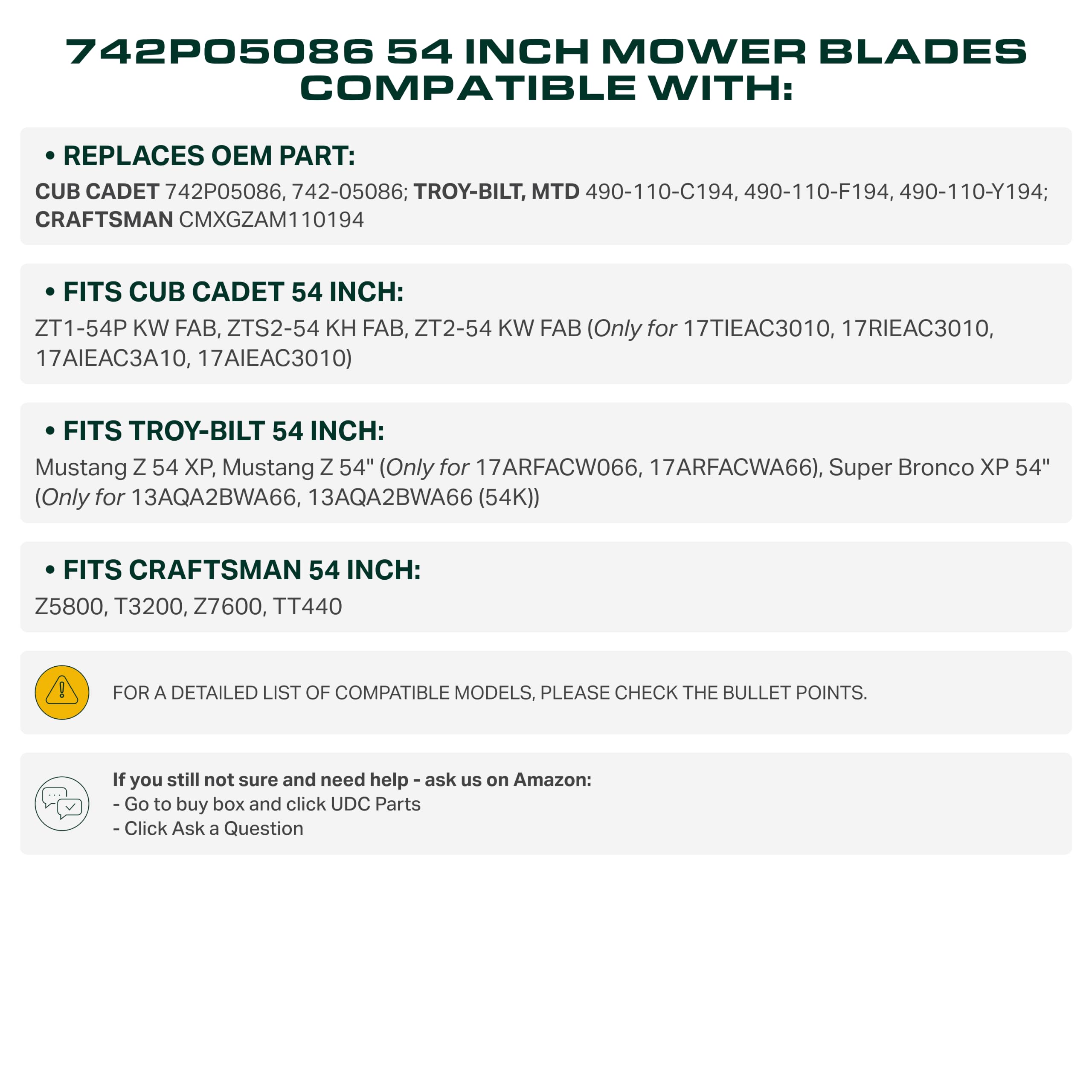 Dimensions of UDC Parts mower blades displayed