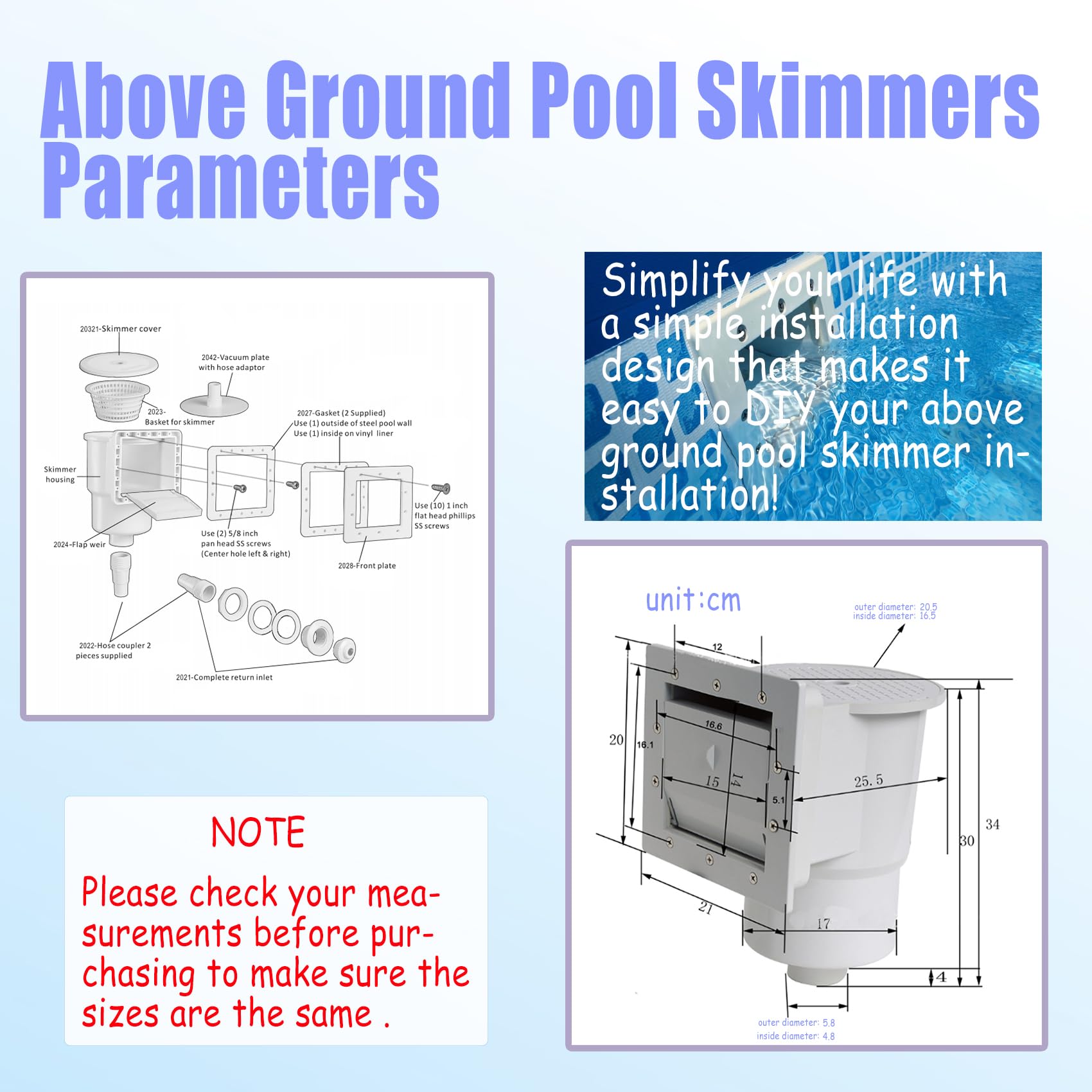 Dimensions of Xmnbl Above Ground Pool Skimmer with measurements