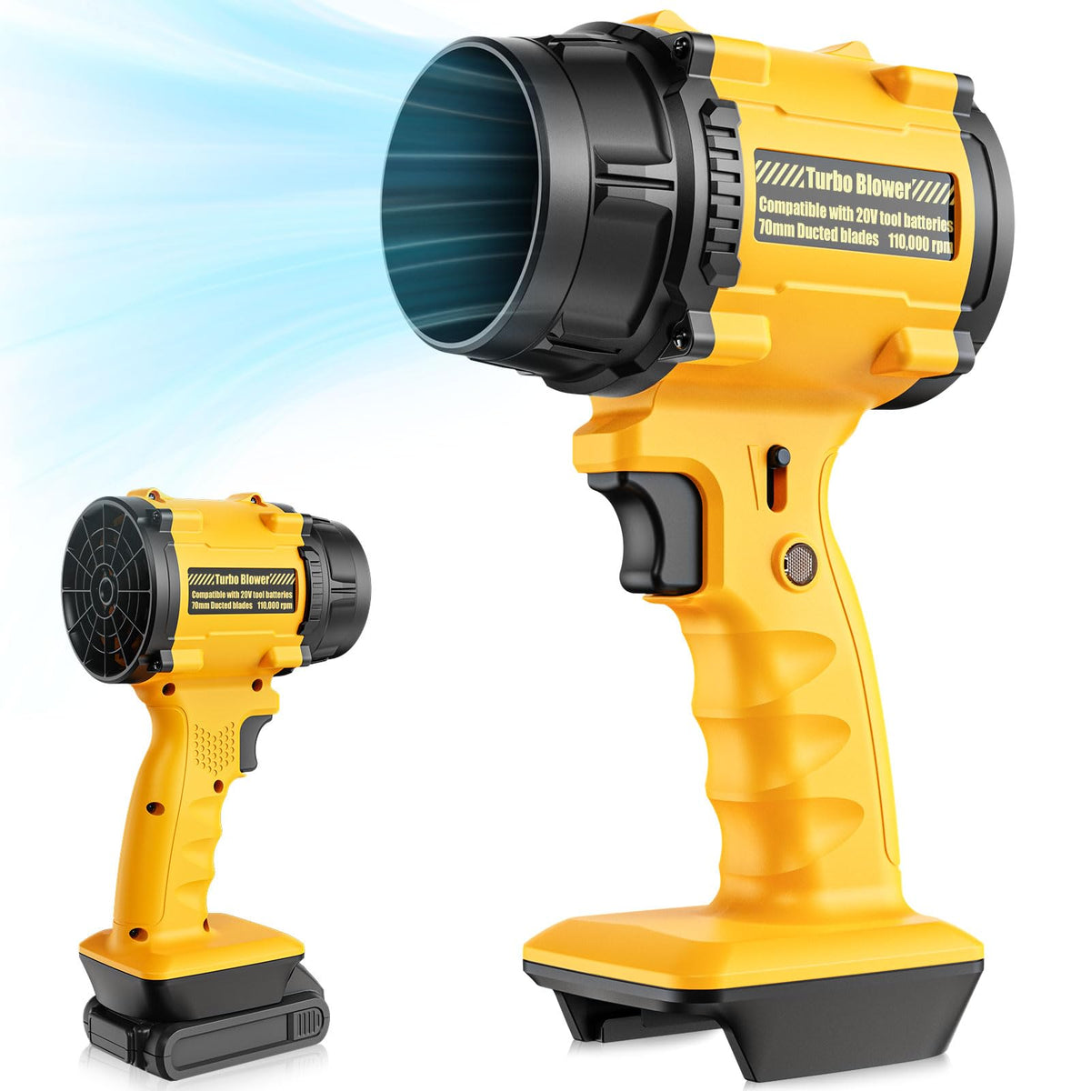 Dinftin Cordless Leaf Blower front view with yellow brushed finish