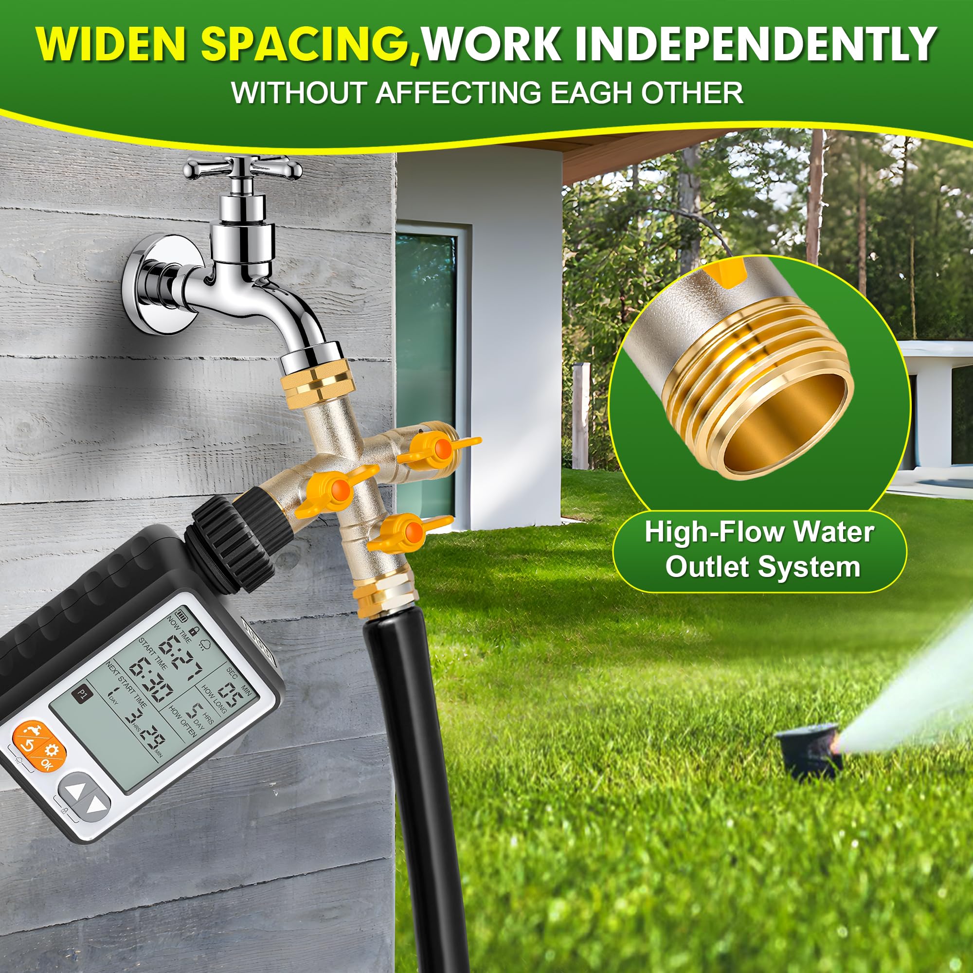 DINGBAI 3-Way Hose Splitter showing installation process without tools