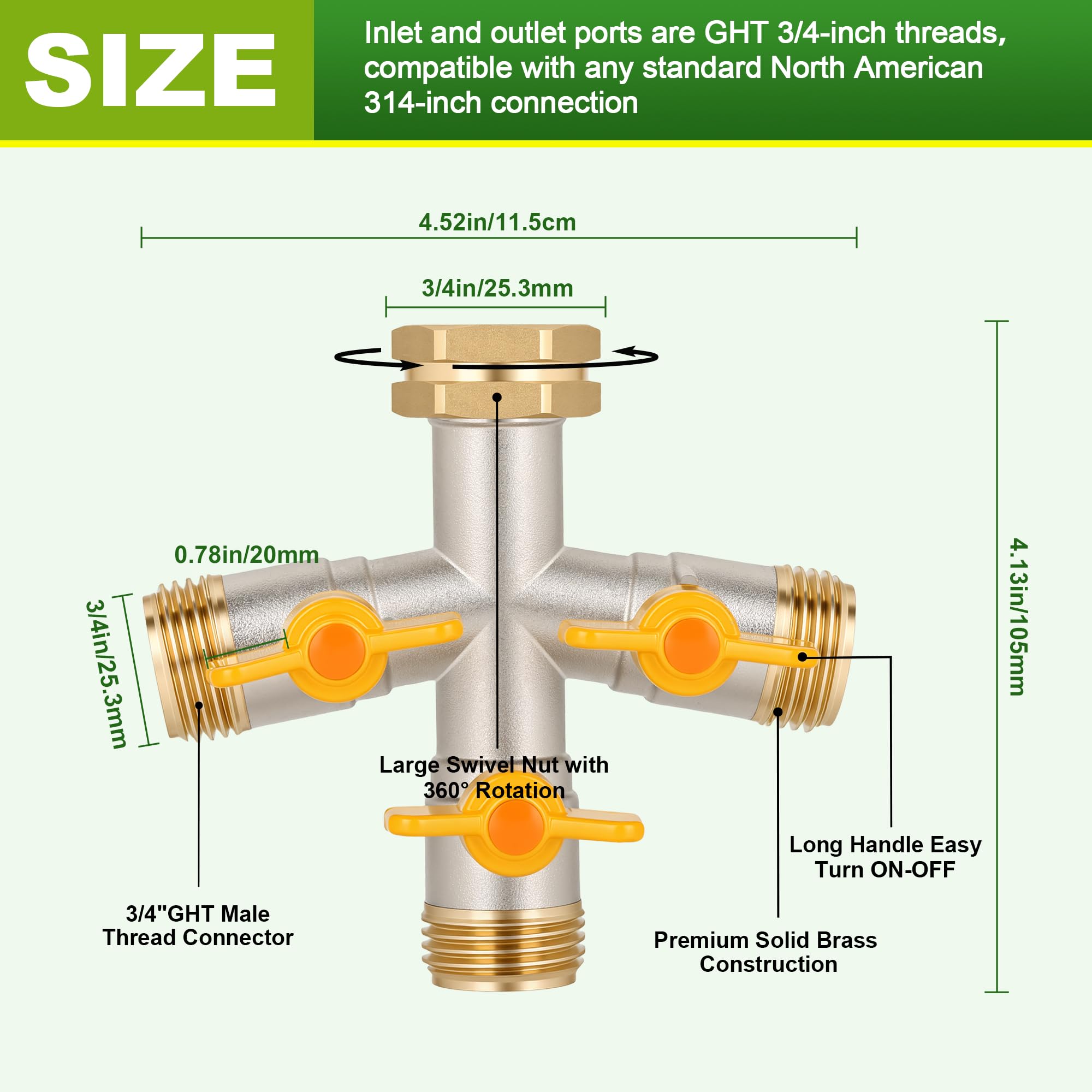 DINGBAI brass hose splitter in dark yellow colour on a garden setting