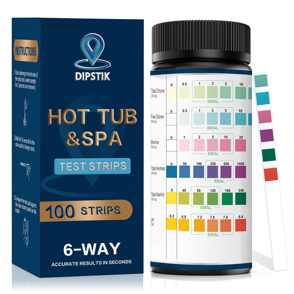 DIPSTIK 6-in-1 Pool Test Strips front view with packaging