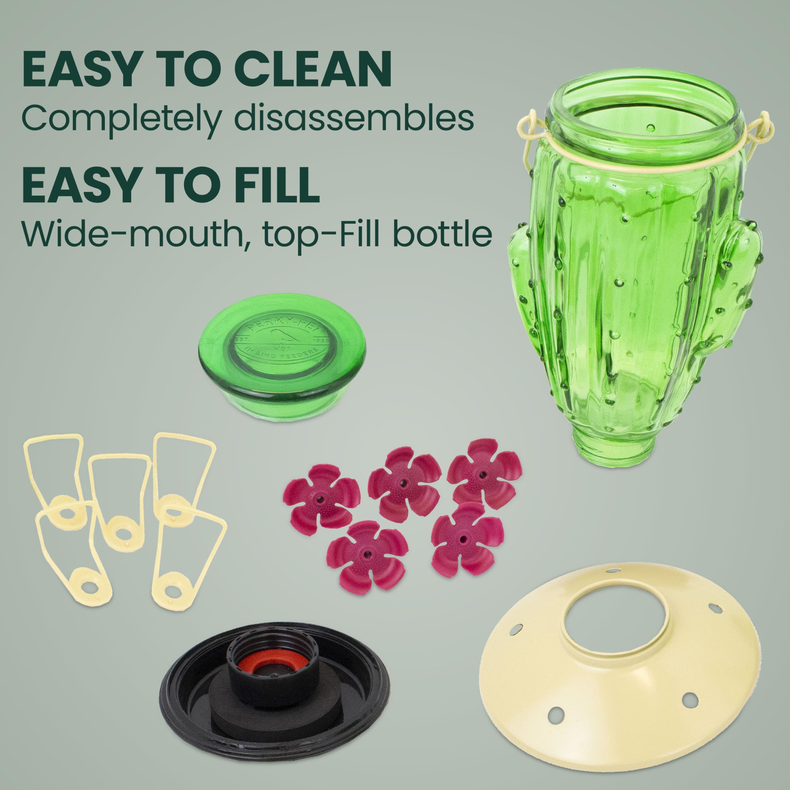 Disassembled parts of Perky-Pet Cactus Hummingbird Feeder for cleaning