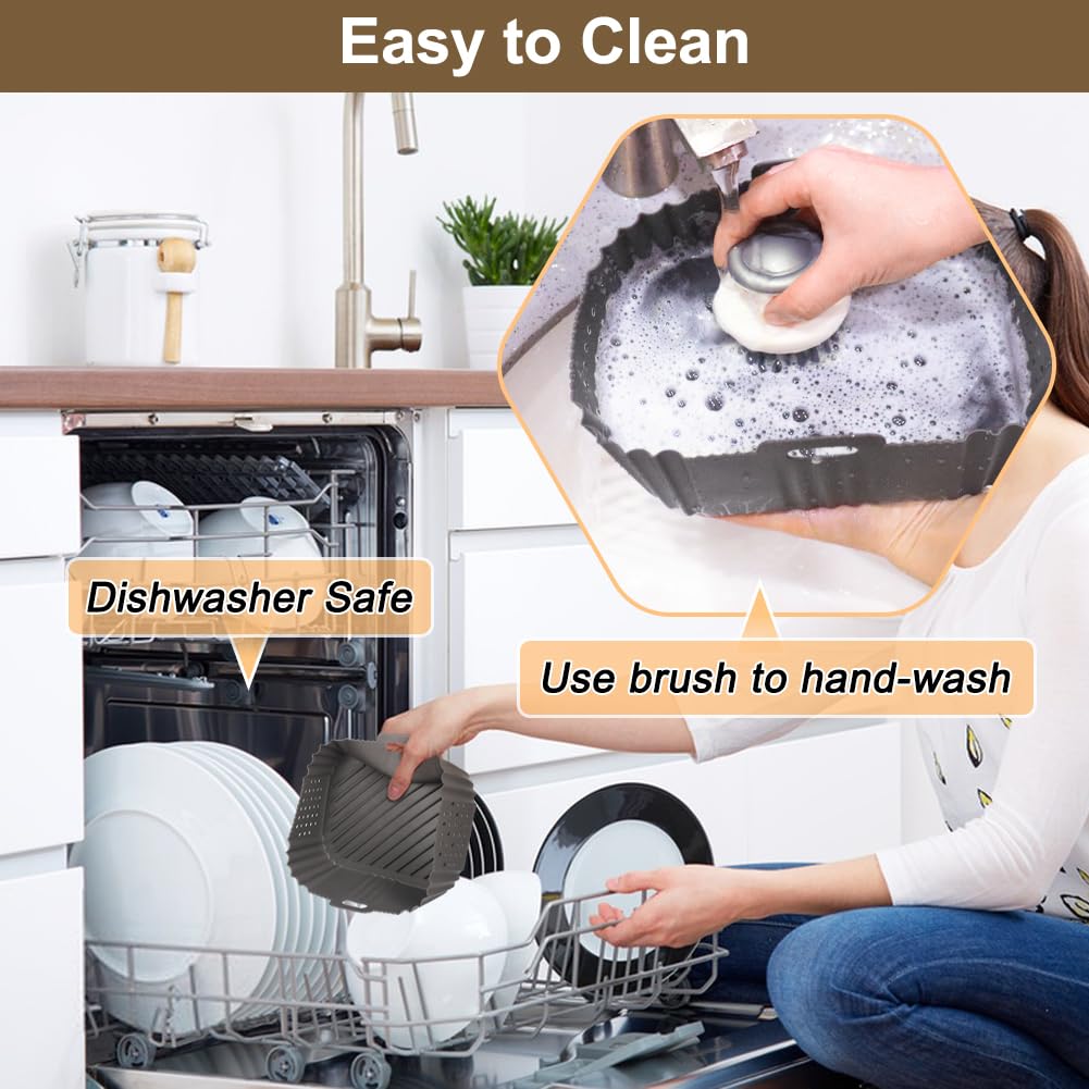 Dishwasher-safe BYKITCHEN silicone air fryer liners being cleaned