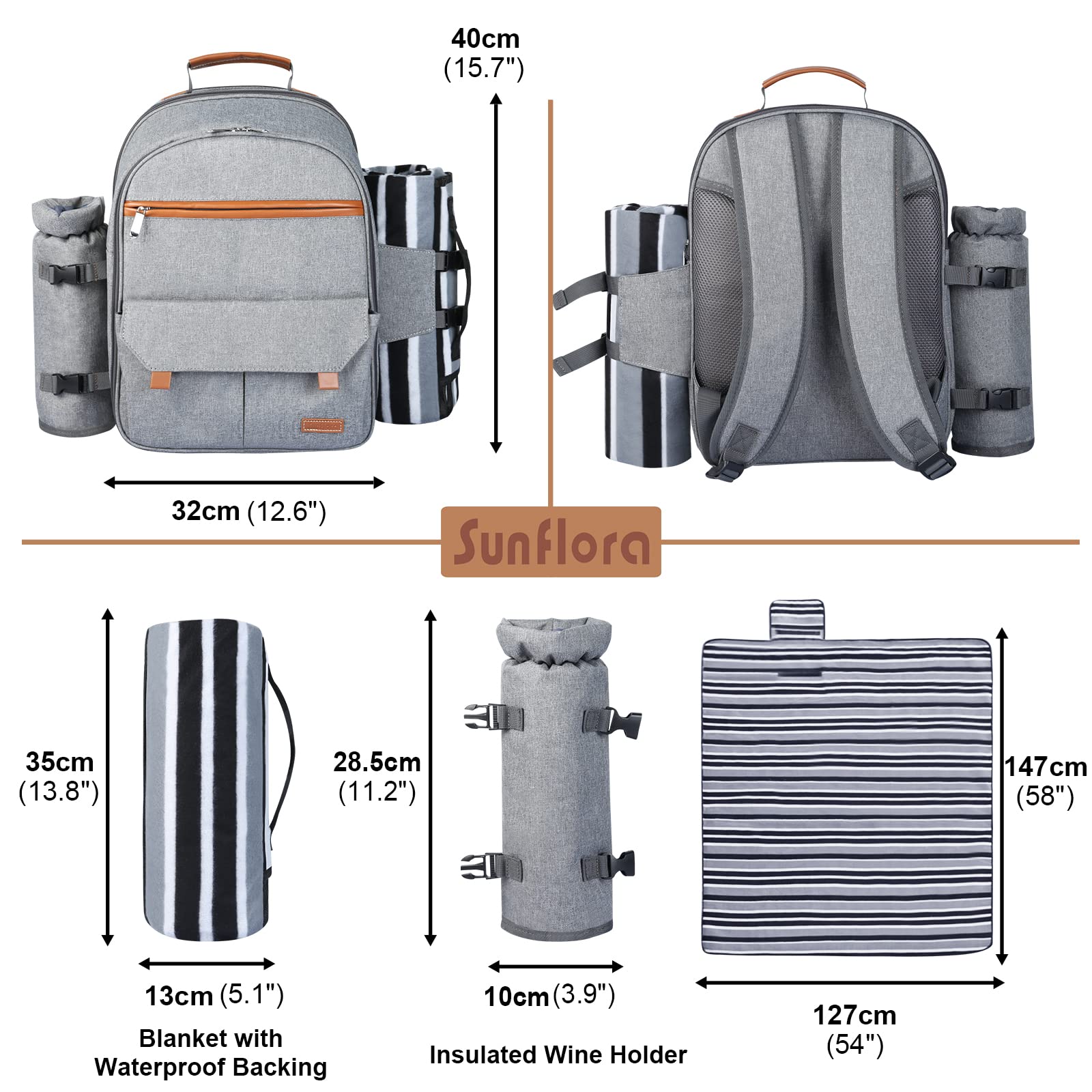 Dishwasher safe plates and stainless steel flatware inside Sunflora Backpack
