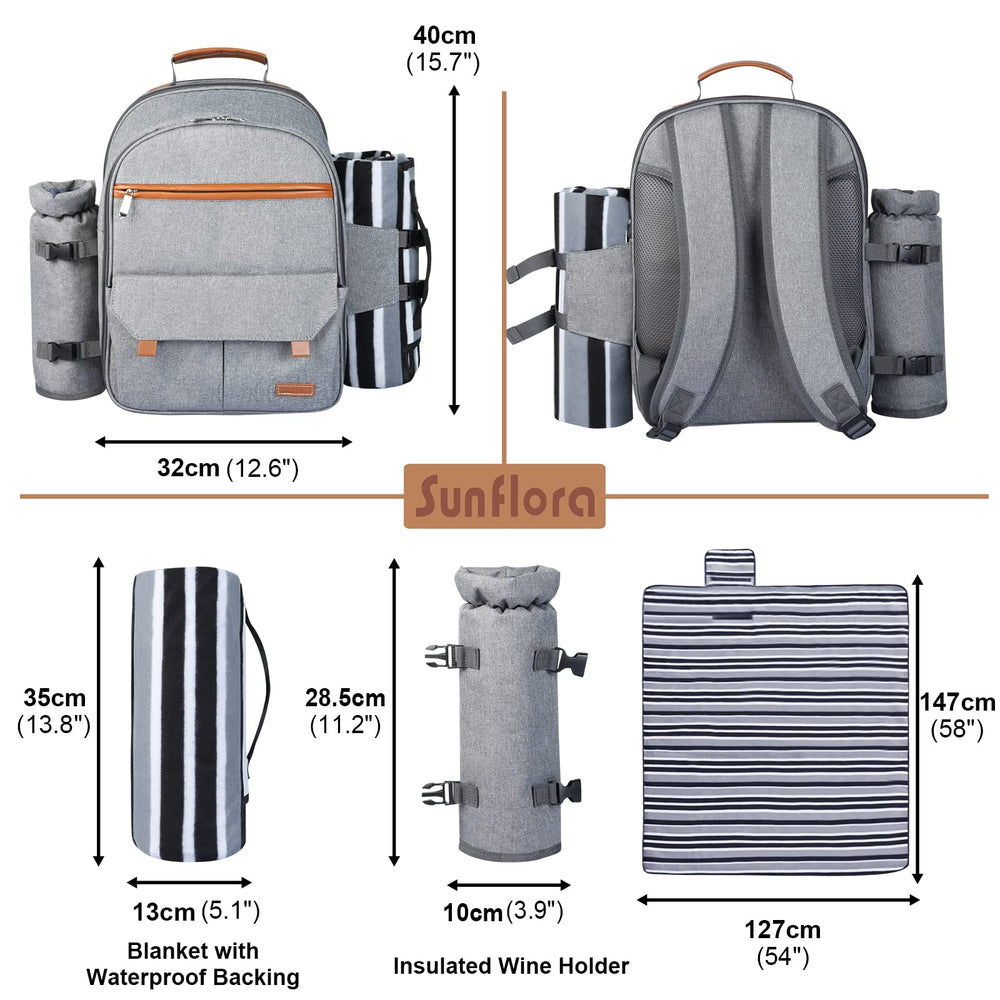 Dishwasher safe plates and stainless steel flatware inside Sunflora Backpack