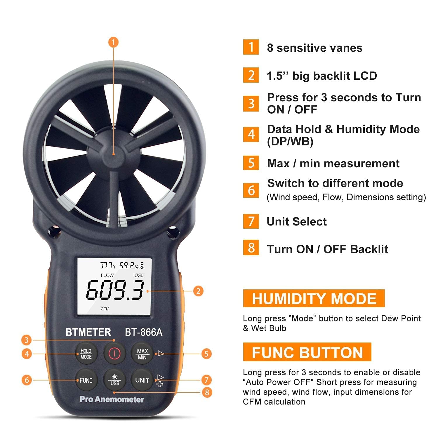 Display of BTMETER 866A showing wind speed and temperature