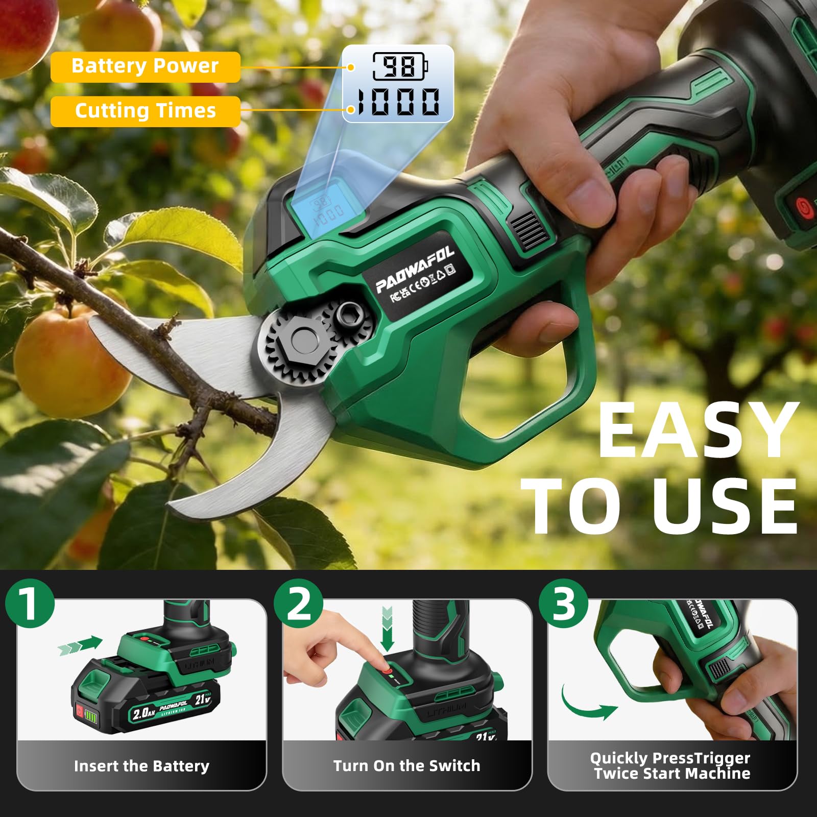 Display screen of PAOWAFOL Electric Pruning Shears showing battery level