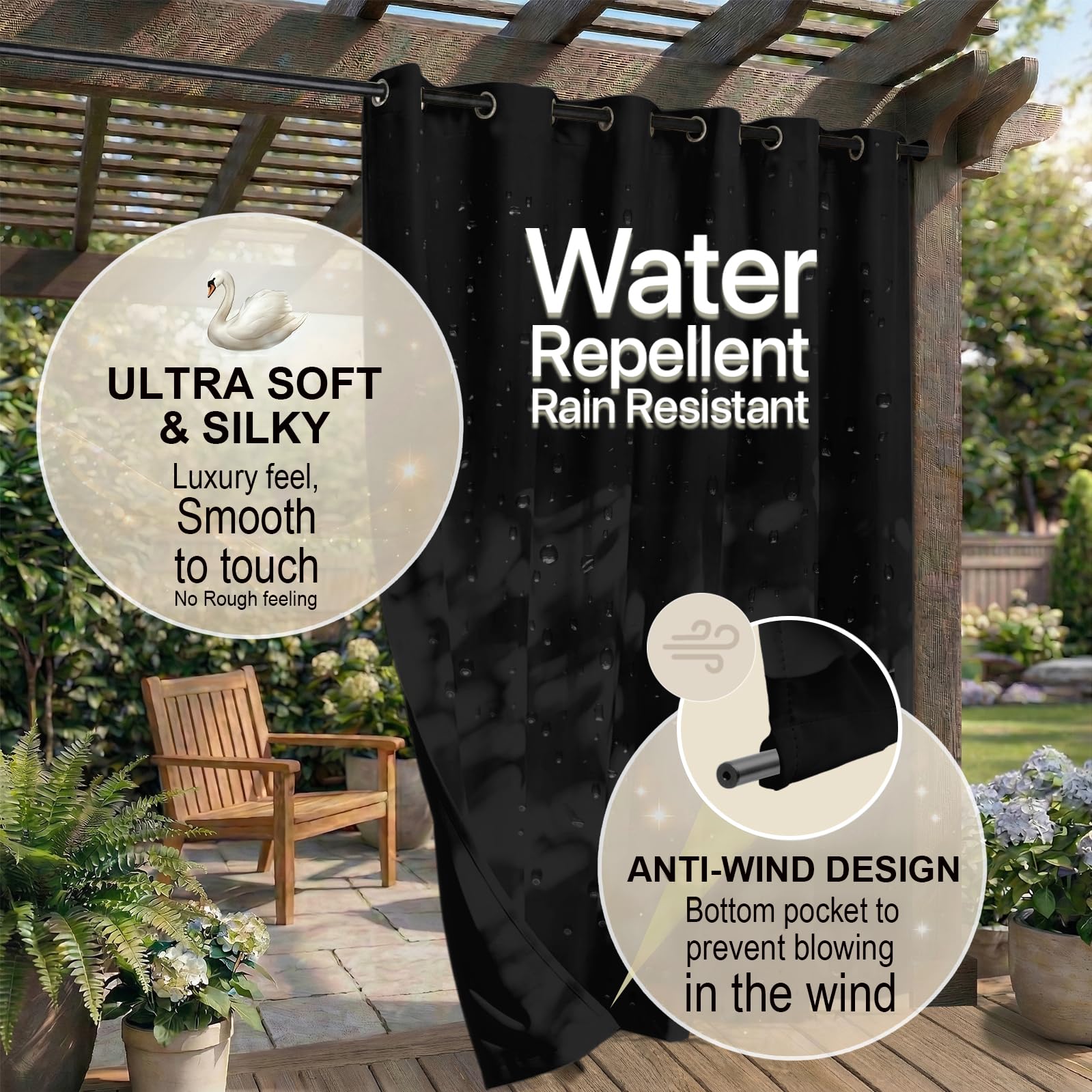 DIVA EN CAMINO DEC Black curtain panel draped over a hot tub