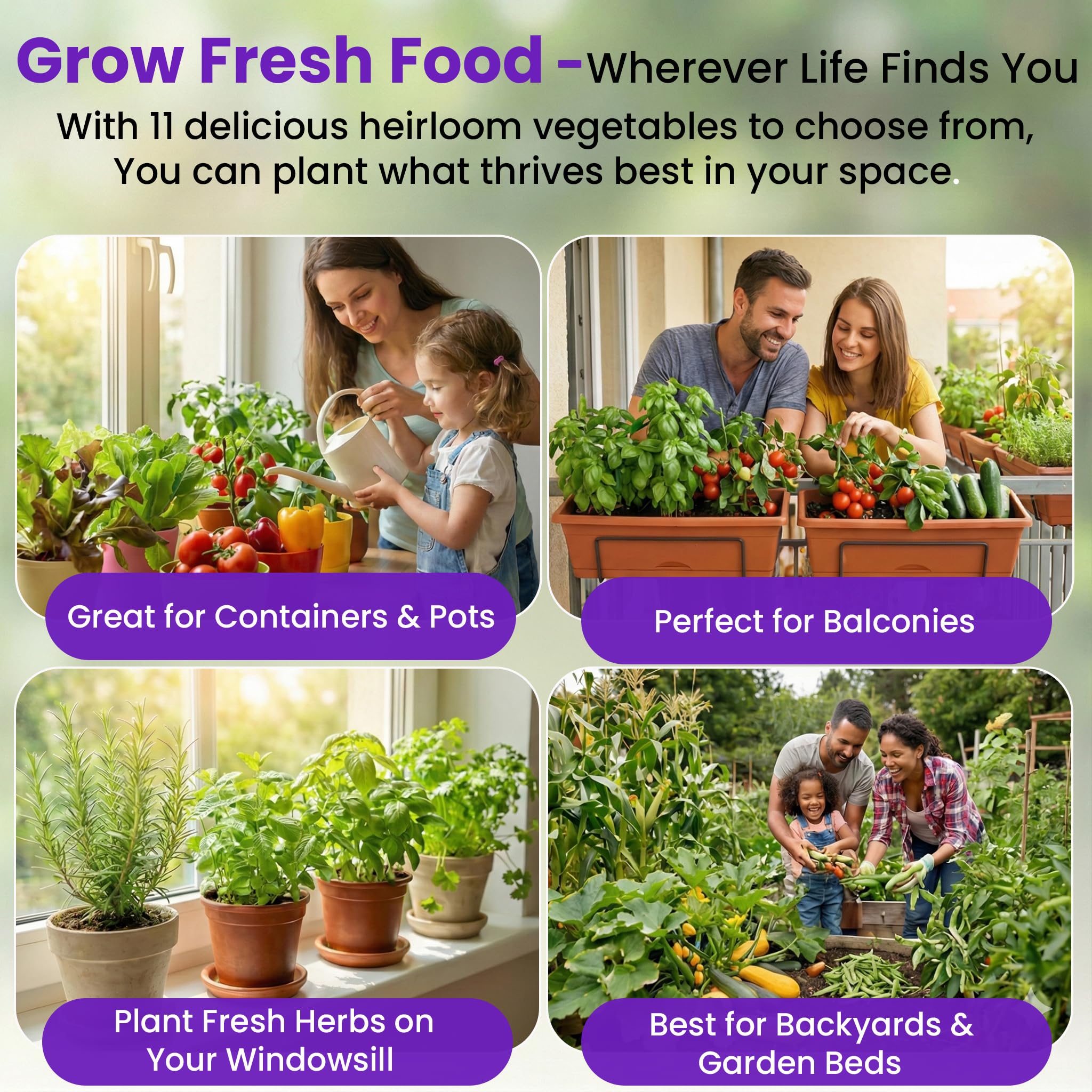 Diverse vegetable varieties included in NatureZ Edge heirloom seeds