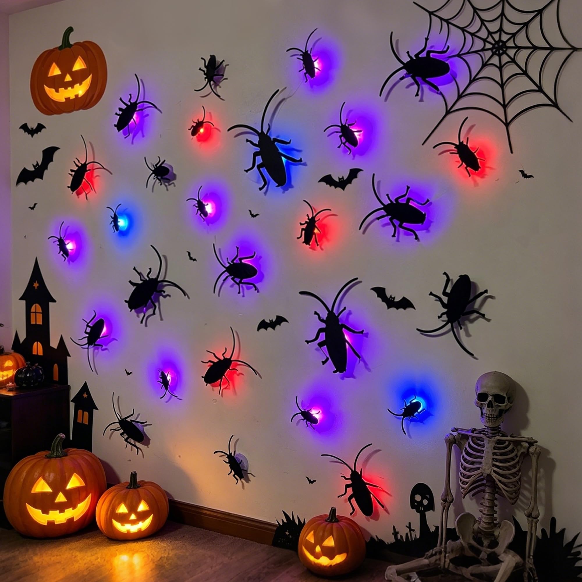 DIY arrangement of Halloween cockroach stickers on a window