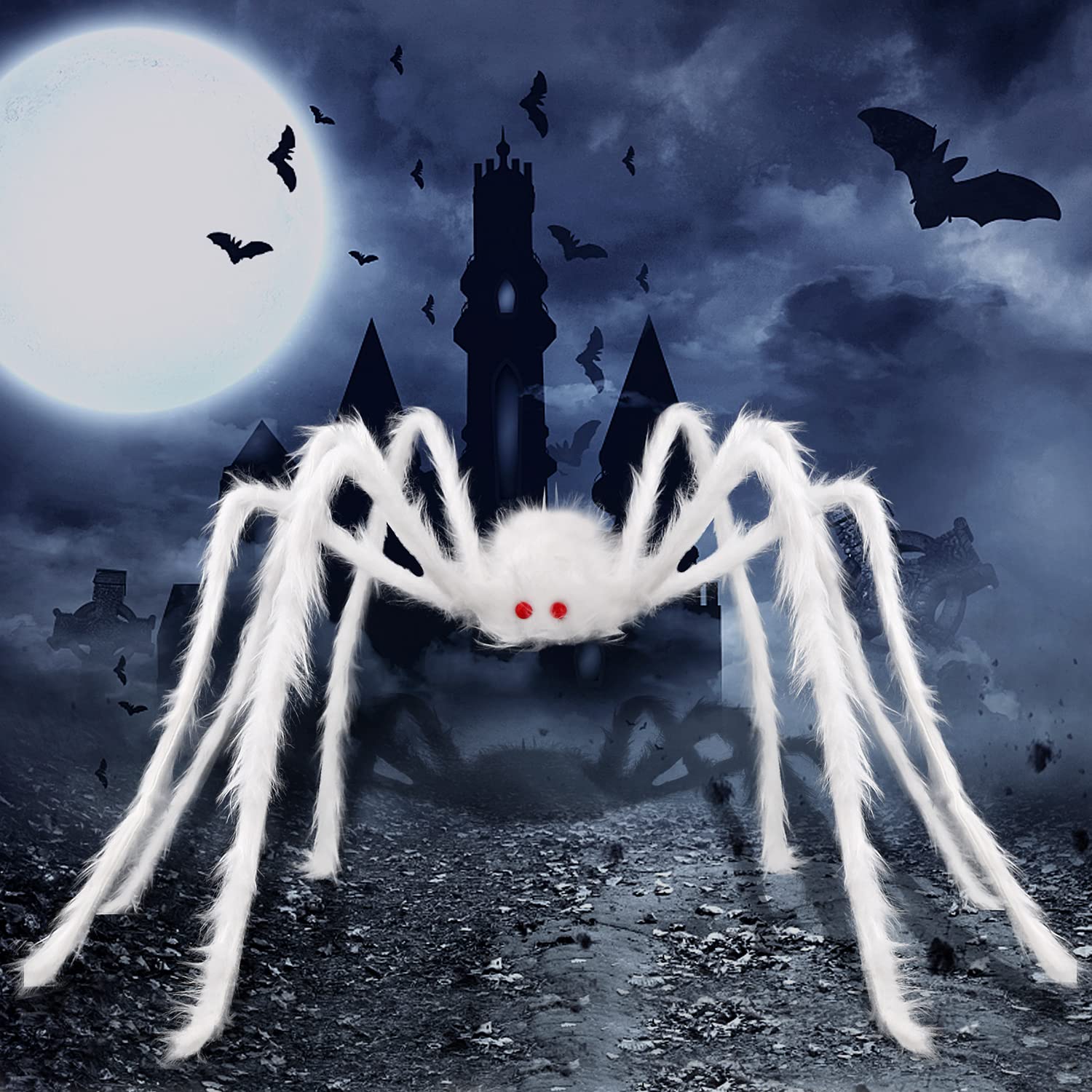DIYDEC Giant Halloween Hairy Spider 59" white plush decoration front view