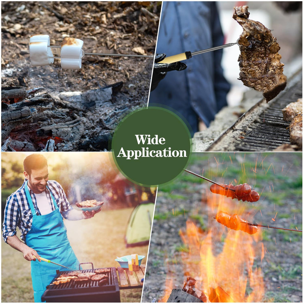 DkOvn roasting sticks with various grilled foods outdoors