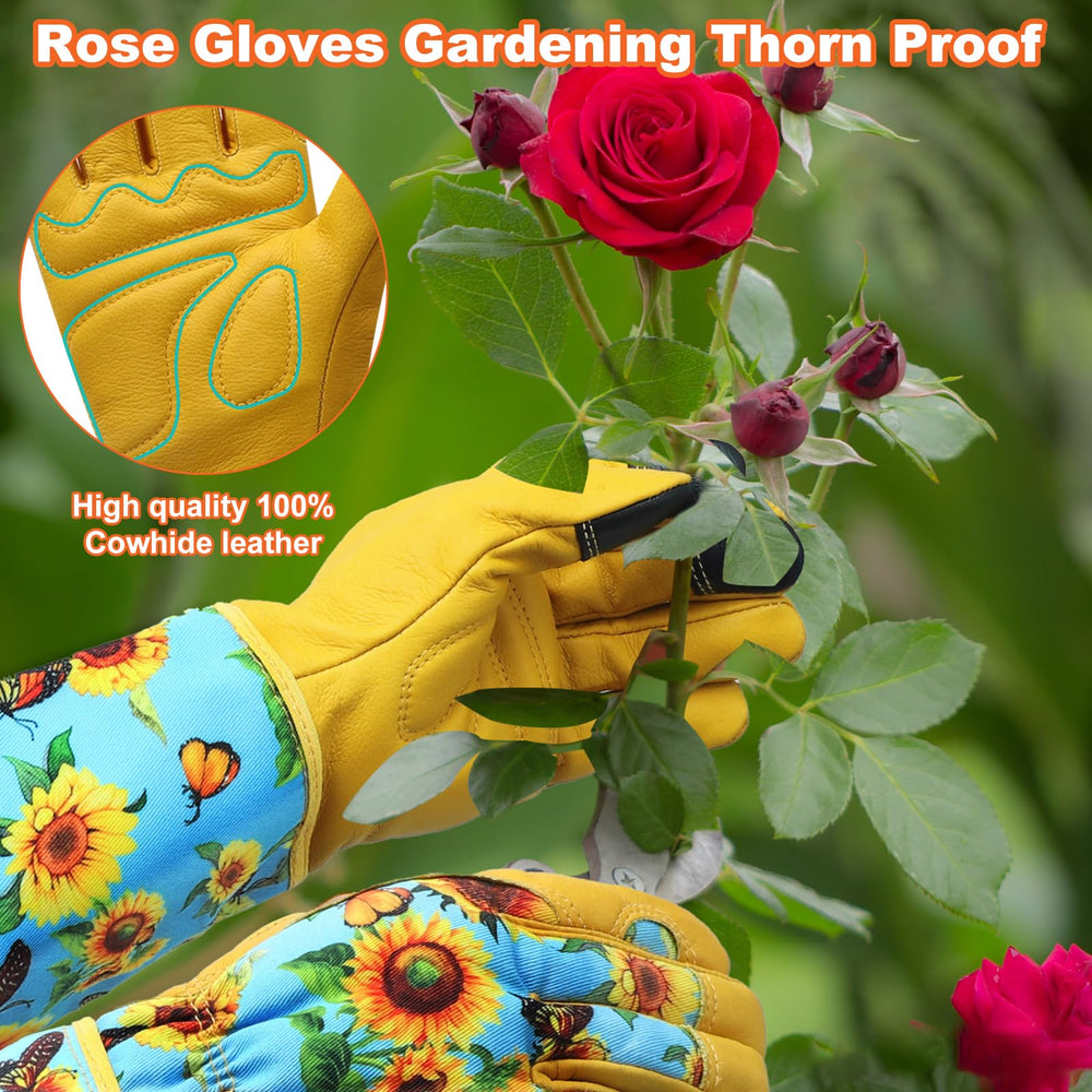 DLY Garden Gloves, blue medium size on a garden background