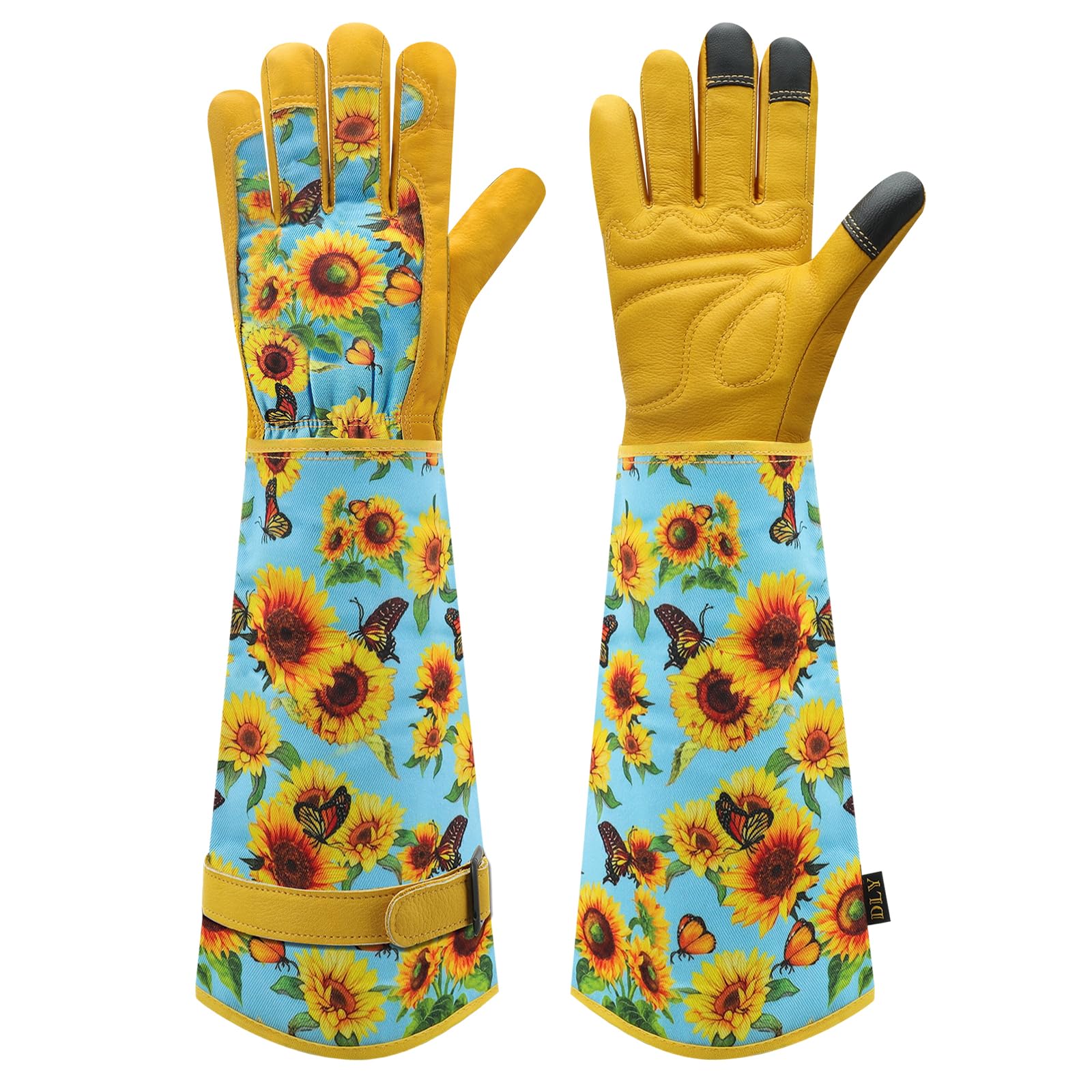 DLY Garden Gloves for Women, blue cowhide leather front view