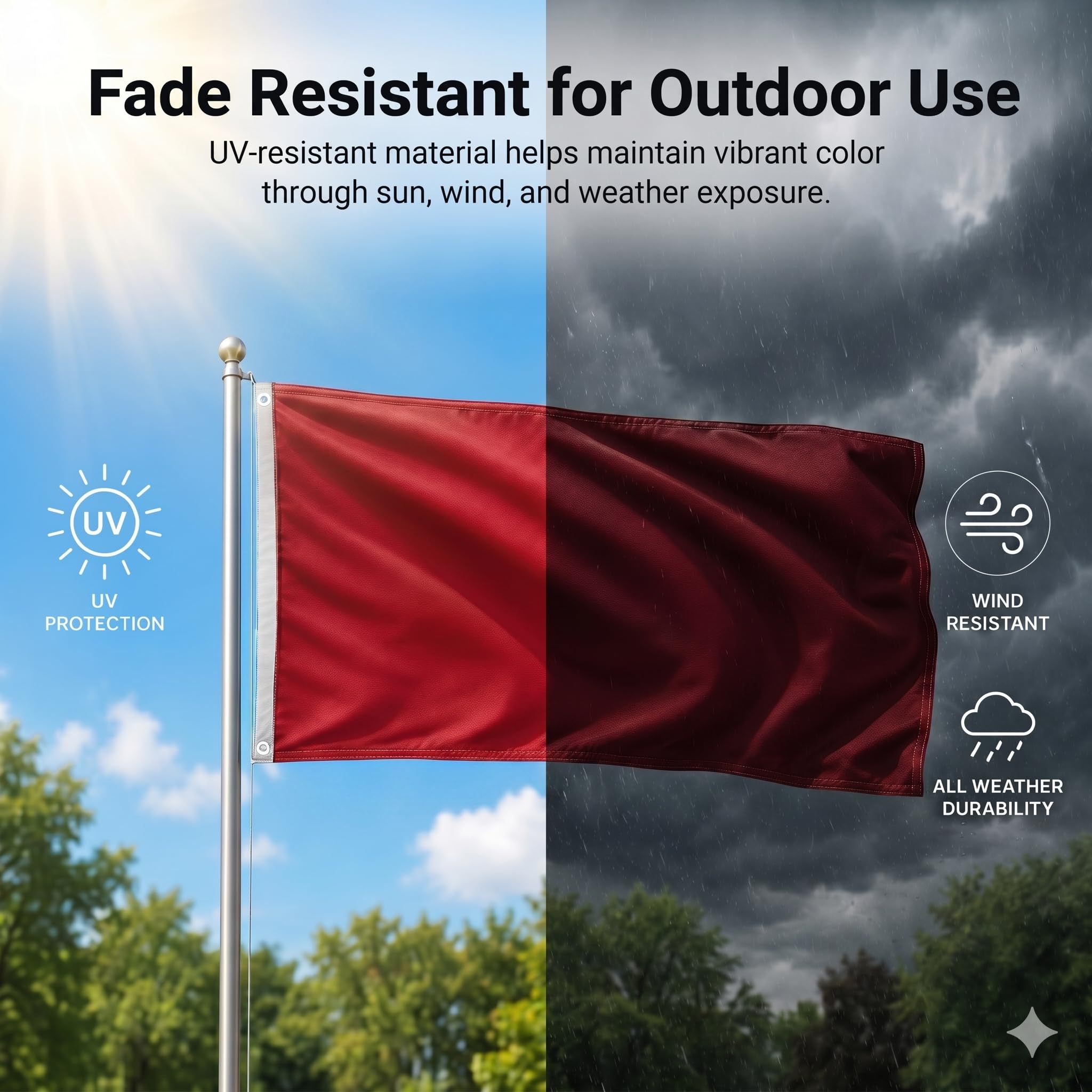 DMSE Solid Red Flag hanging on a balcony