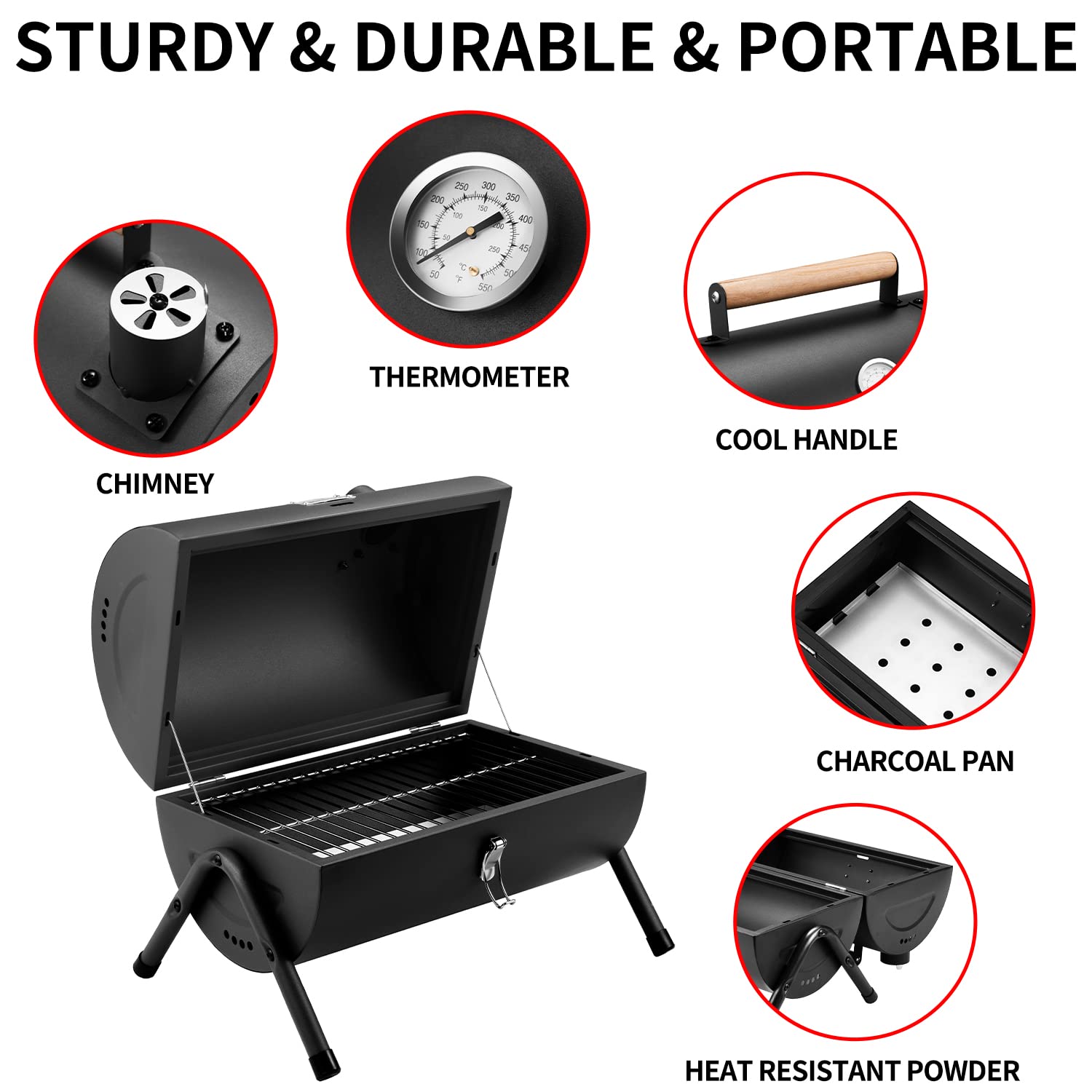DNKMOR Portable Charcoal Grill assembled for outdoor cooking