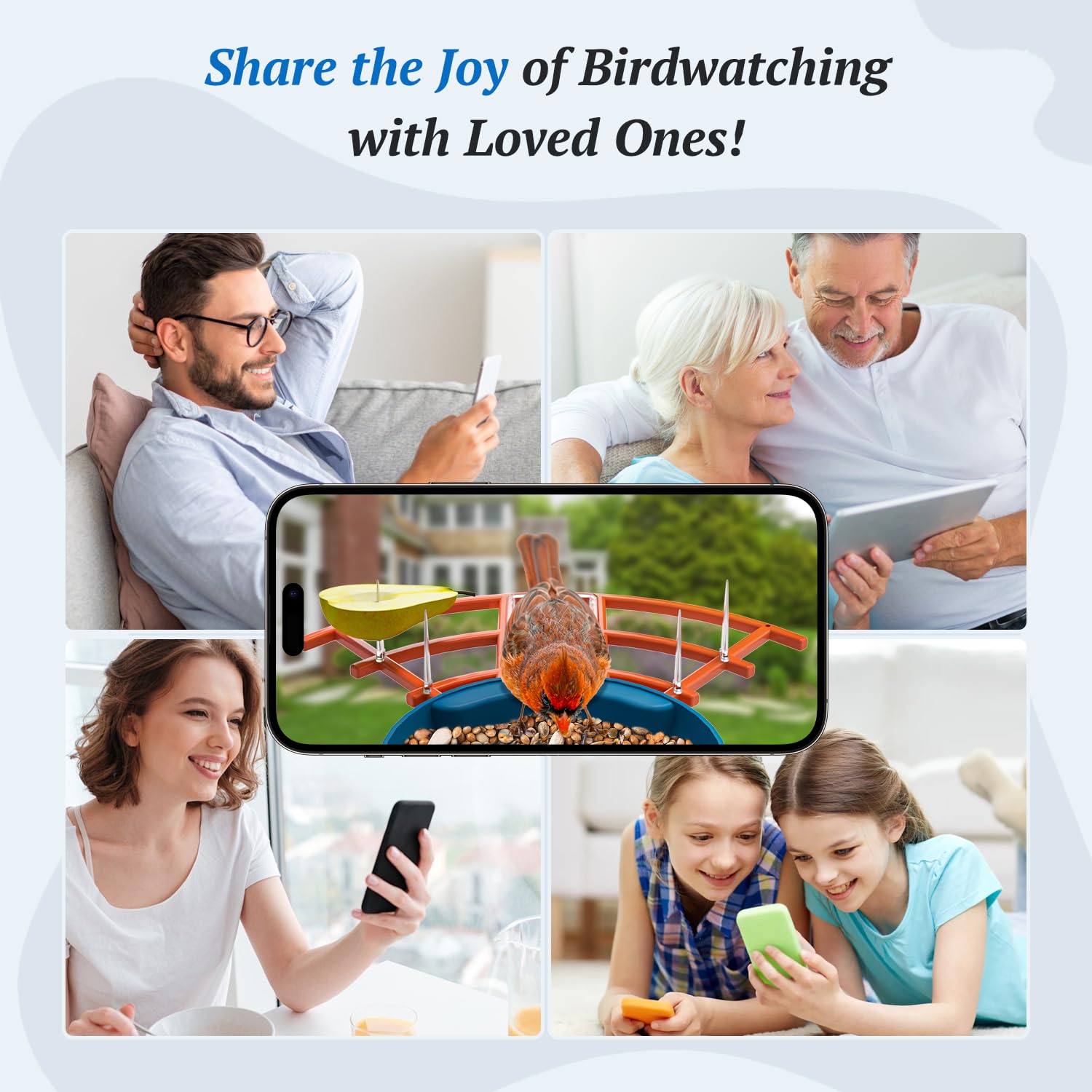 DOCOON Smart Bird Feeder with app interface on smartphone