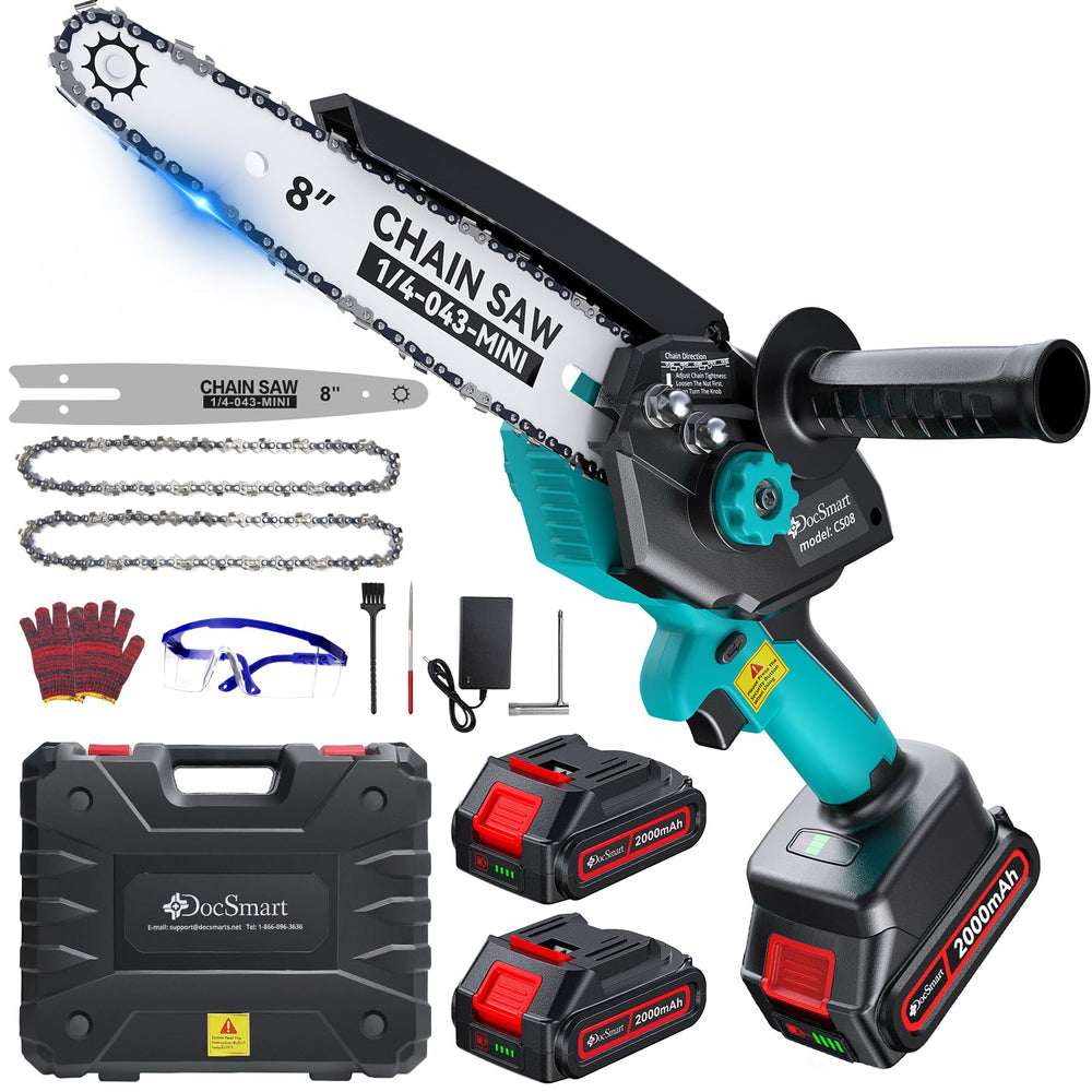 DocSmart 8 inch electric mini chainsaw front view with blue finish