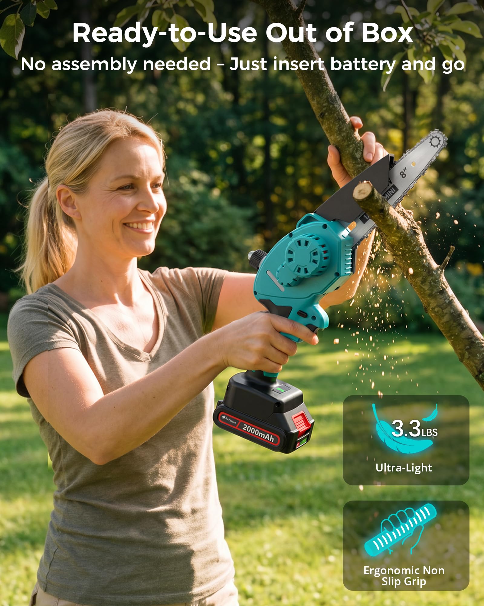 DocSmart chainsaw cutting through a 6-inch branch in garden setting