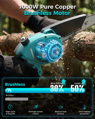 DocSmart chainsaw showing battery compartment and ergonomic handle
