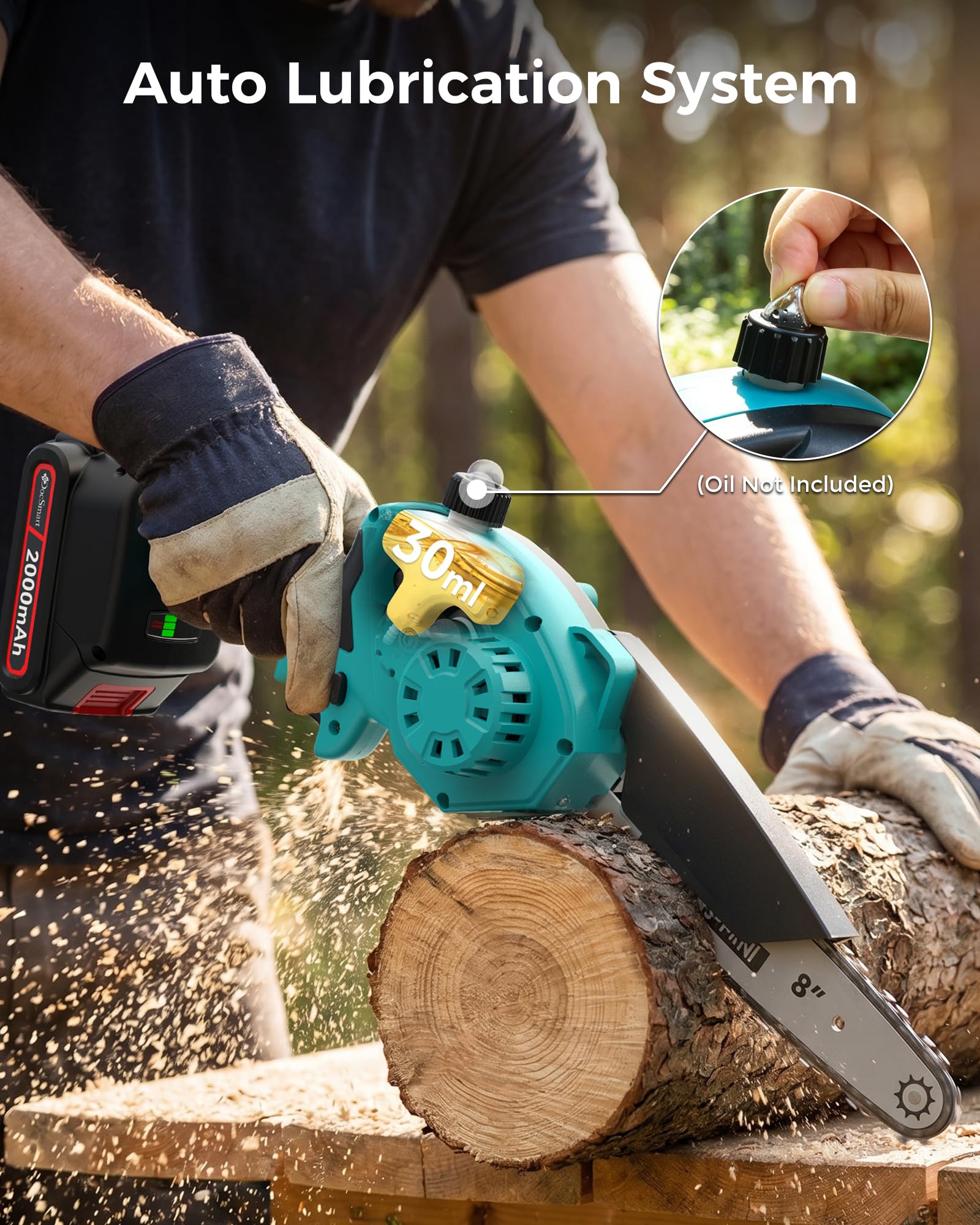 DocSmart mini chainsaw displayed with 8-inch guide bar and chain