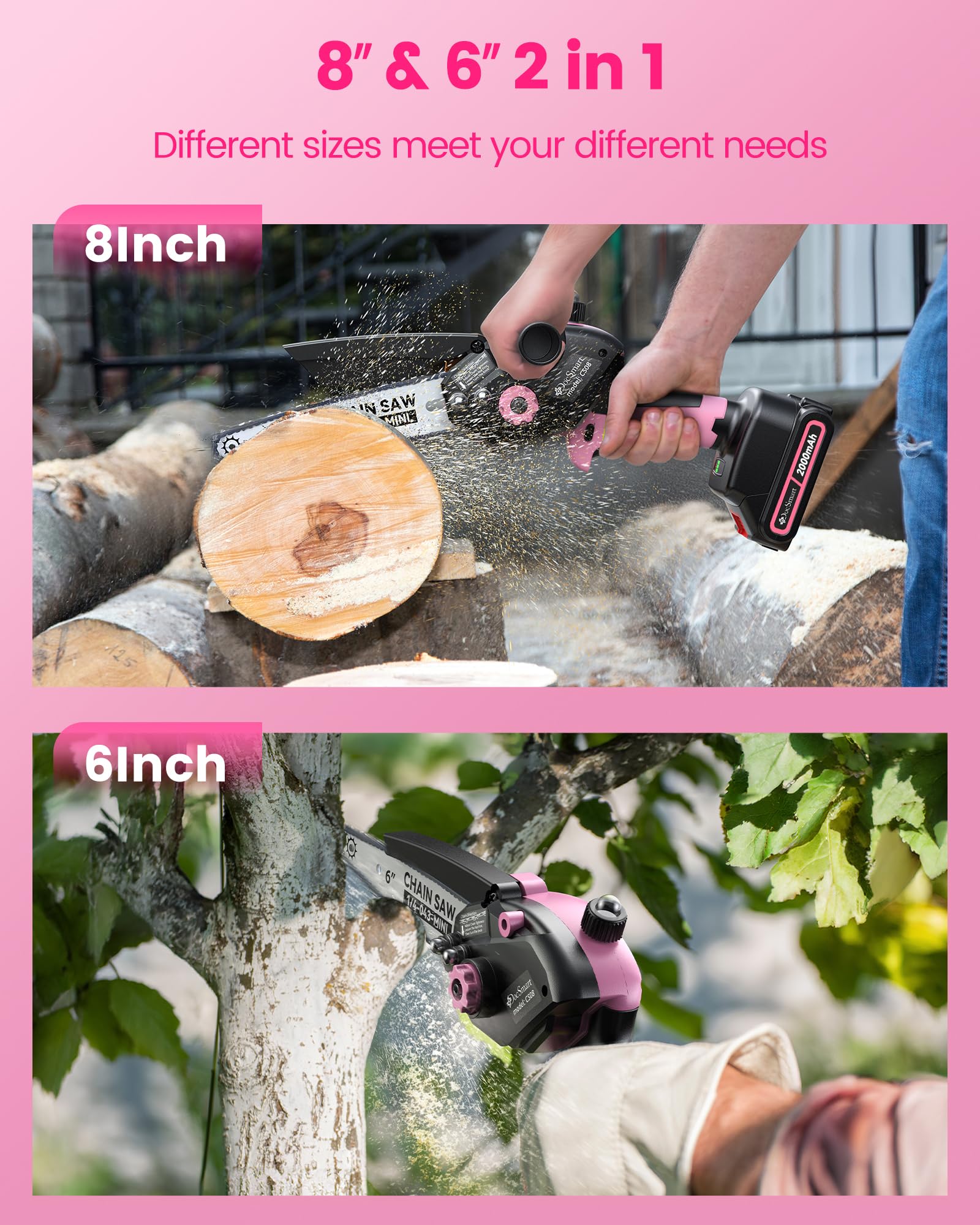 DocSmart Mini Chainsaw in action cutting a branch