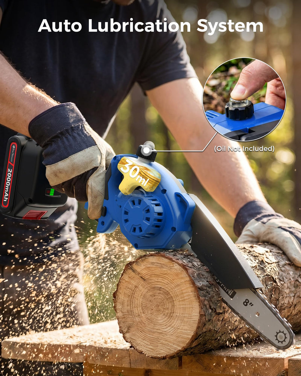DocSmart Mini Chainsaw in use, cutting a branch
