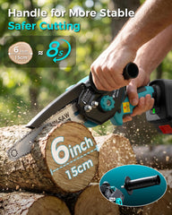 DocSmart mini chainsaw with included accessories: gloves, goggles, charger