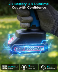 DocSmart Mini Chainsaw with safety goggles and gloves