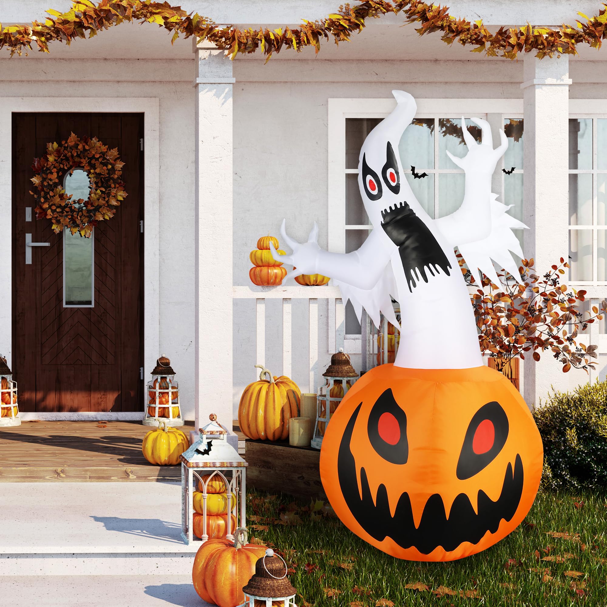 Dofulay 5Ft Halloween Inflatable Ghost Pumpkin with fixing ropes and water bags