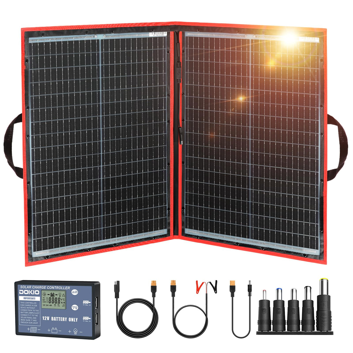 DOKIO 100W solar panel front view, folded position