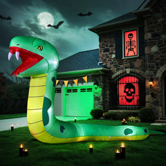DomKom 13FT Halloween Inflatable Giant Snake front view with LED lights