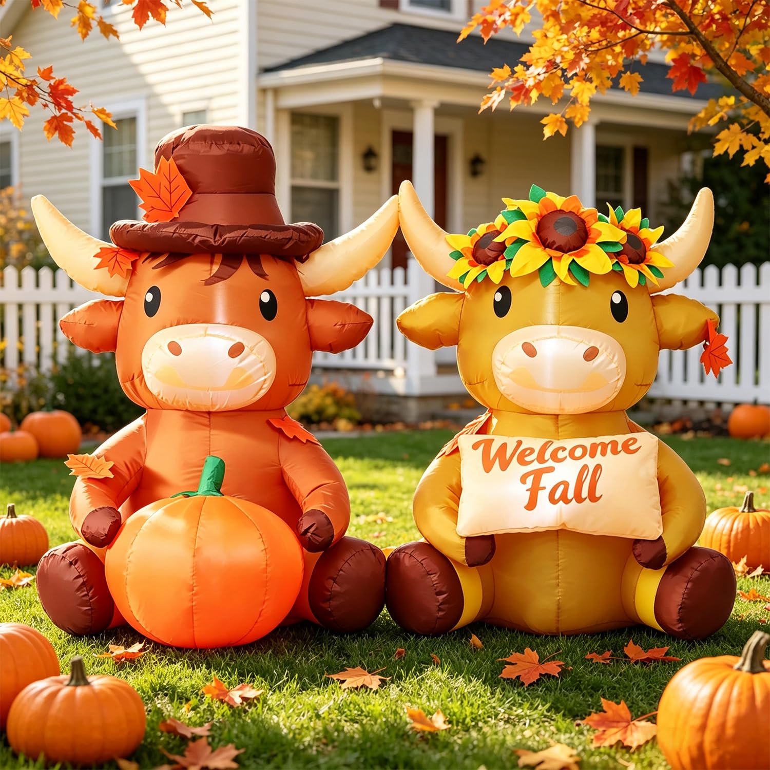 DomKom 6 FT Fall Inflatable Highland Cow Couple with Pumpkin