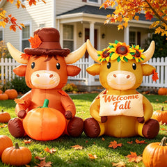 DomKom 6 FT Fall Inflatable Highland Cow Couple with Pumpkin