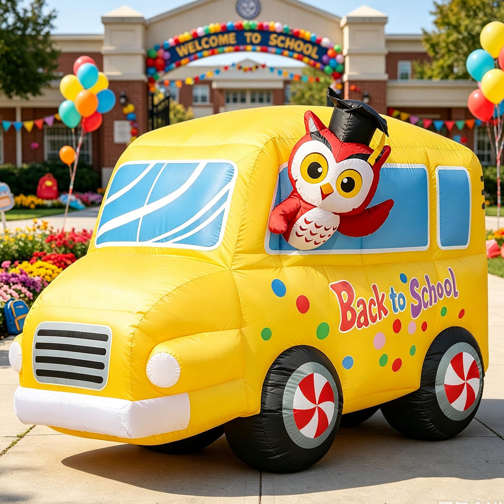 DomKom 6FT inflatable professor owl and school bus front view