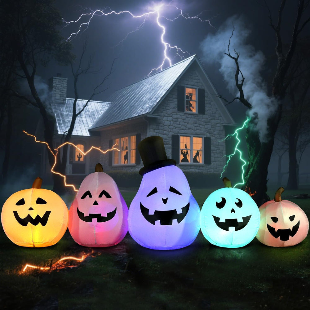 DomKom 8 FT Halloween inflatable white pumpkin front view with LED lights
