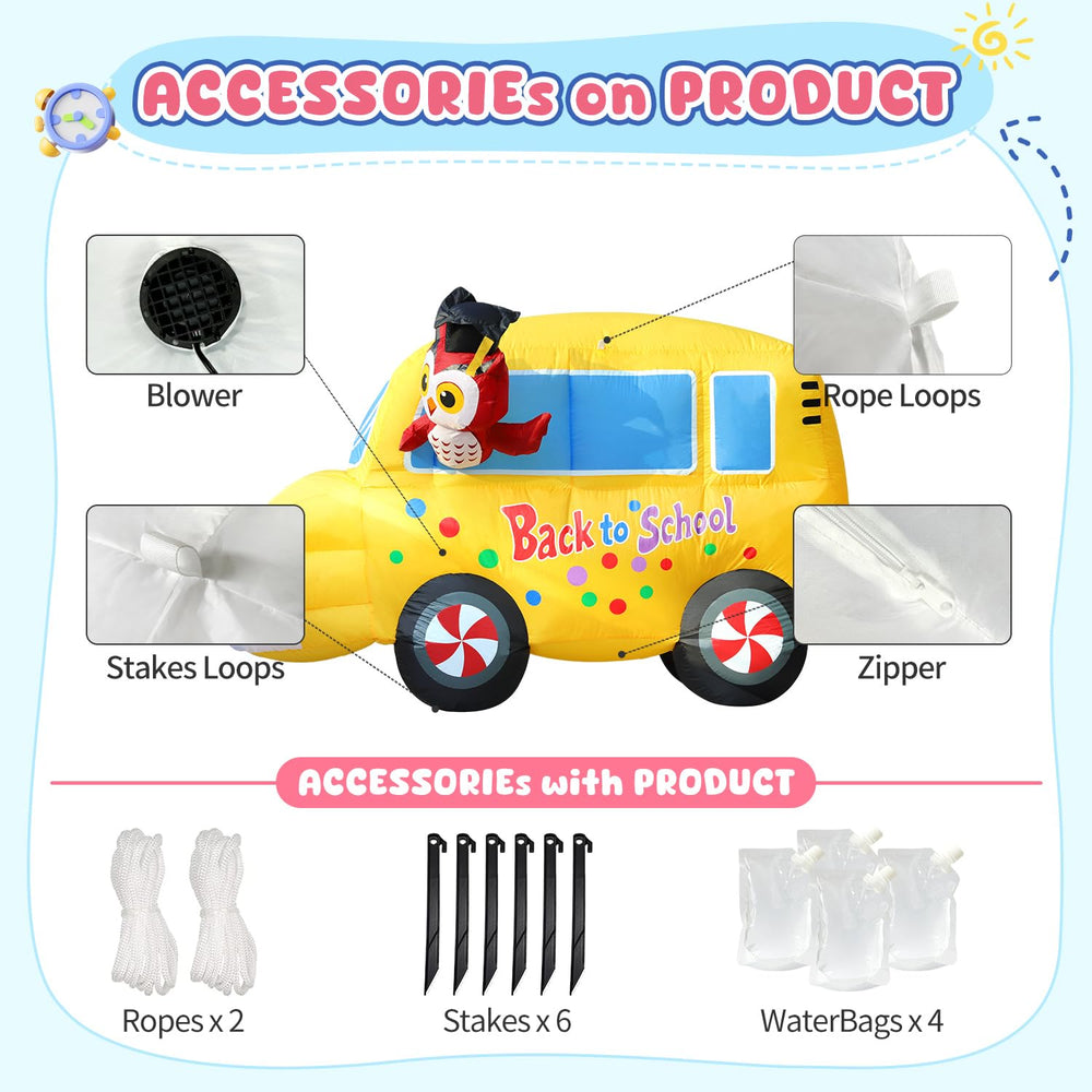 DomKom inflatable owl and school bus setup for graduation party