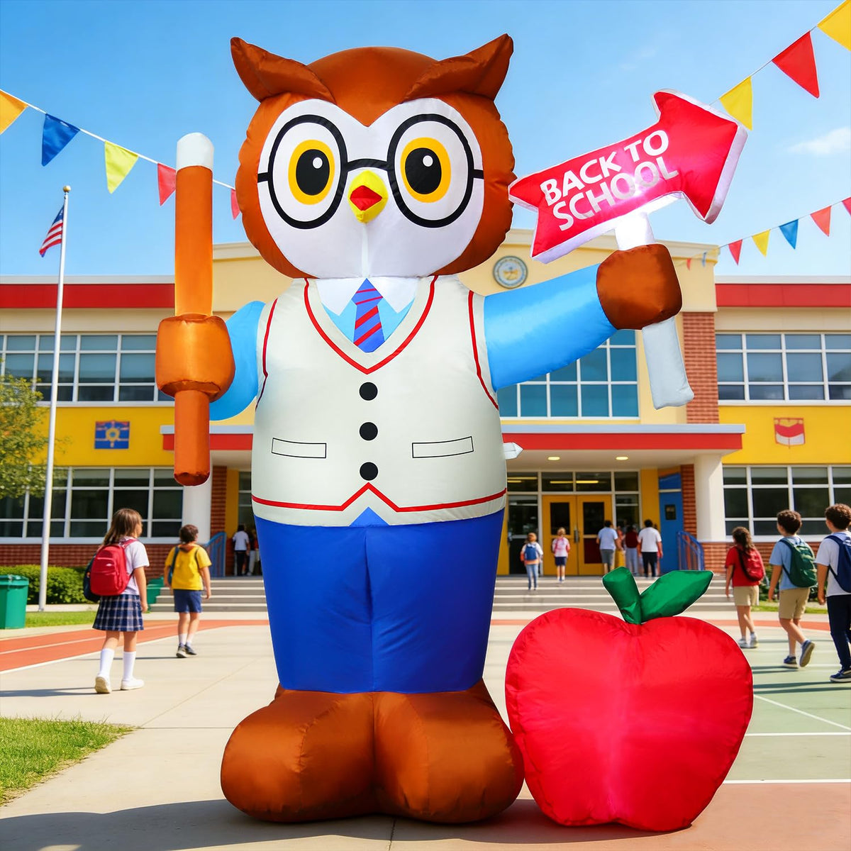 DomKom Inflatable Professor Owl yard decoration front view with LED lights