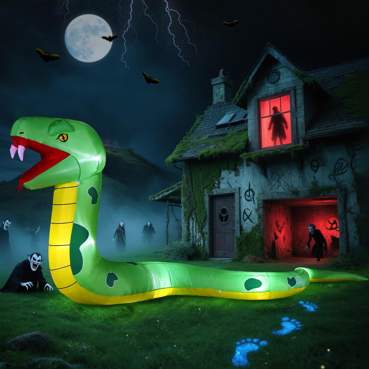 DomKom inflatable snake with glowing LED lights in a garden setting