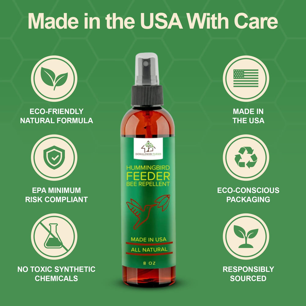 Donaldson Farms Hummingbird Feeder Bee Repellent Spray in outdoor garden setting