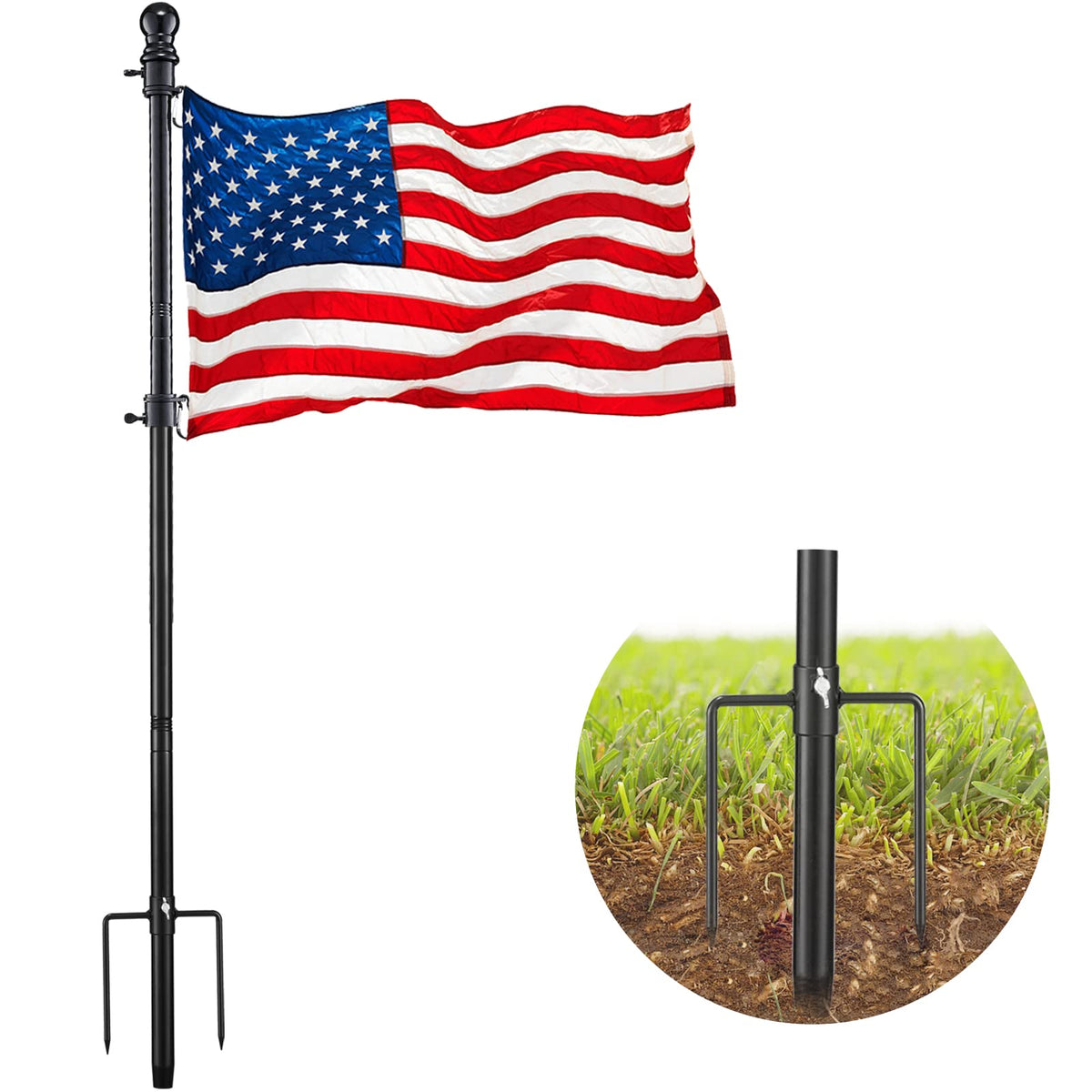 DonSail 8FT black flag pole with American flag in garden