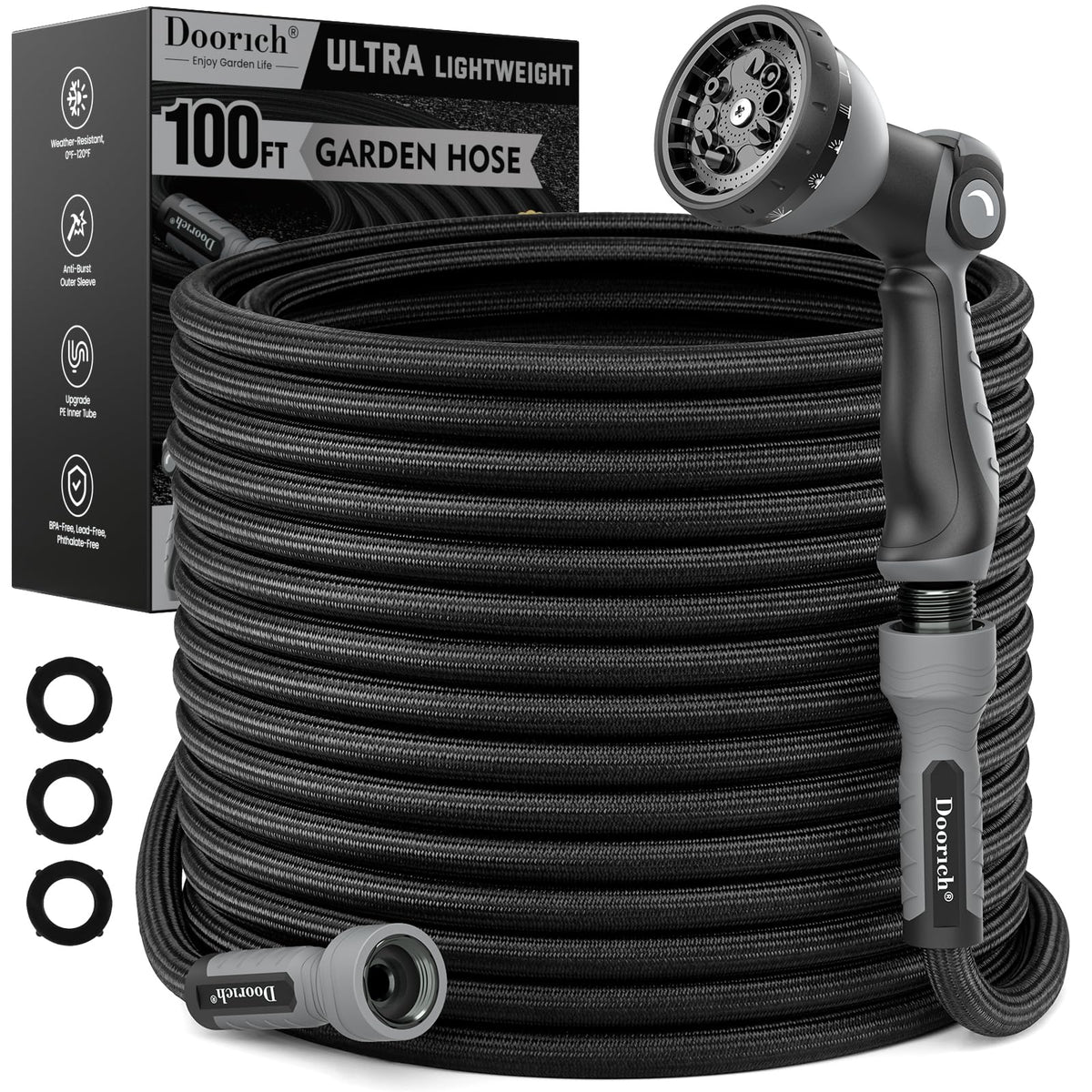 Doorich 100FT garden hose with spray nozzle, black colour