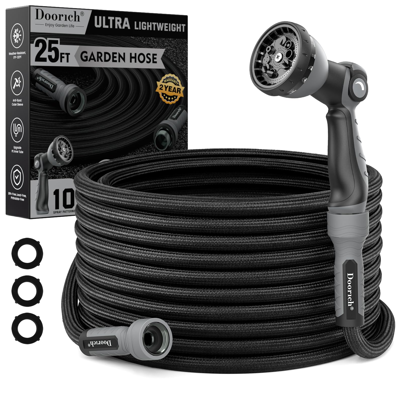 Doorich 25FT garden hose black model with spray nozzle
