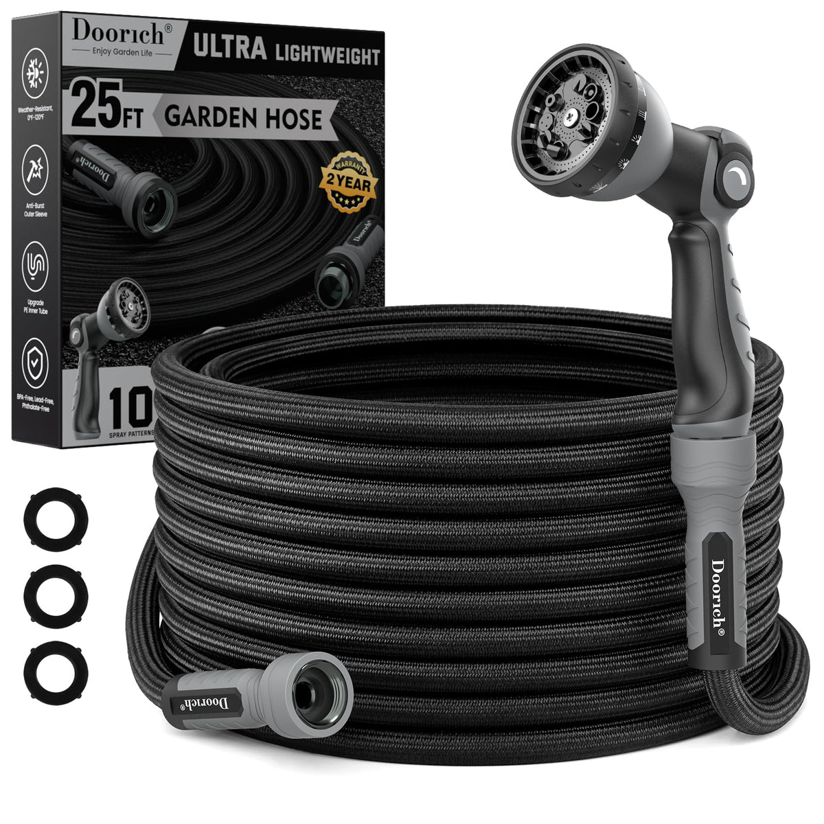 Doorich 25FT garden hose black model with spray nozzle