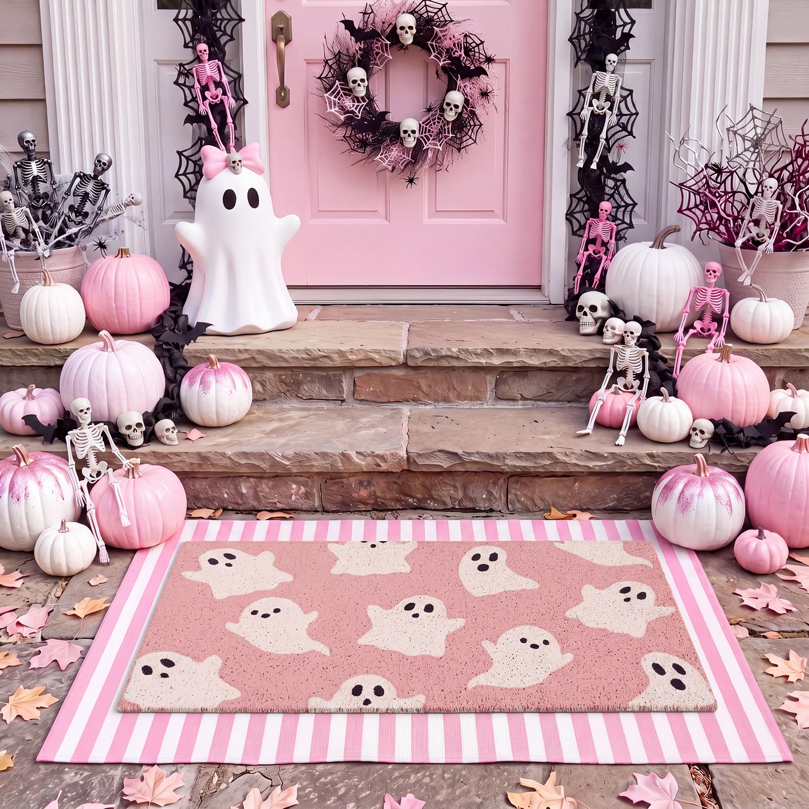 Doormat set displayed near a front door with Halloween decorations