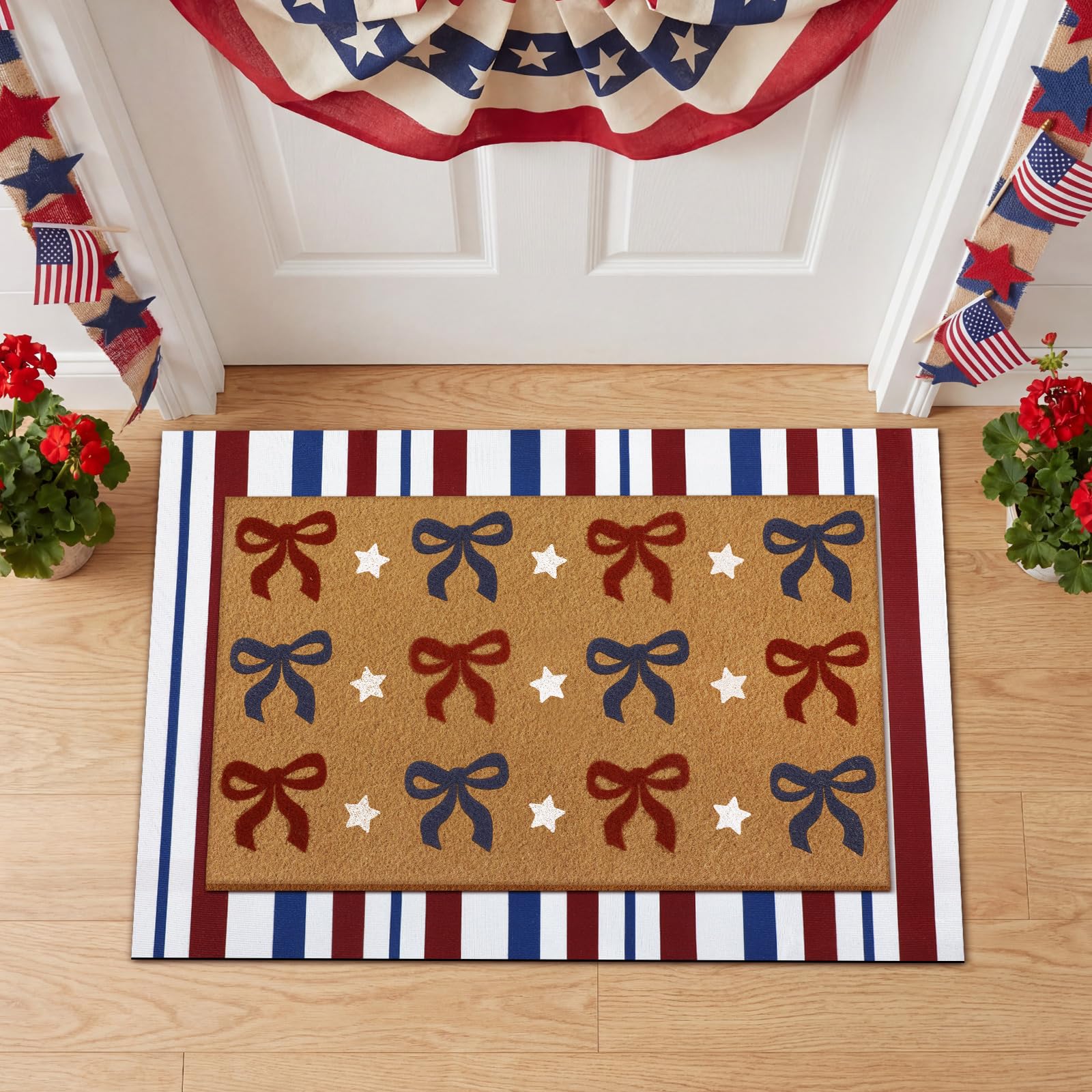 Doormat set on a patio, showcasing the design and color