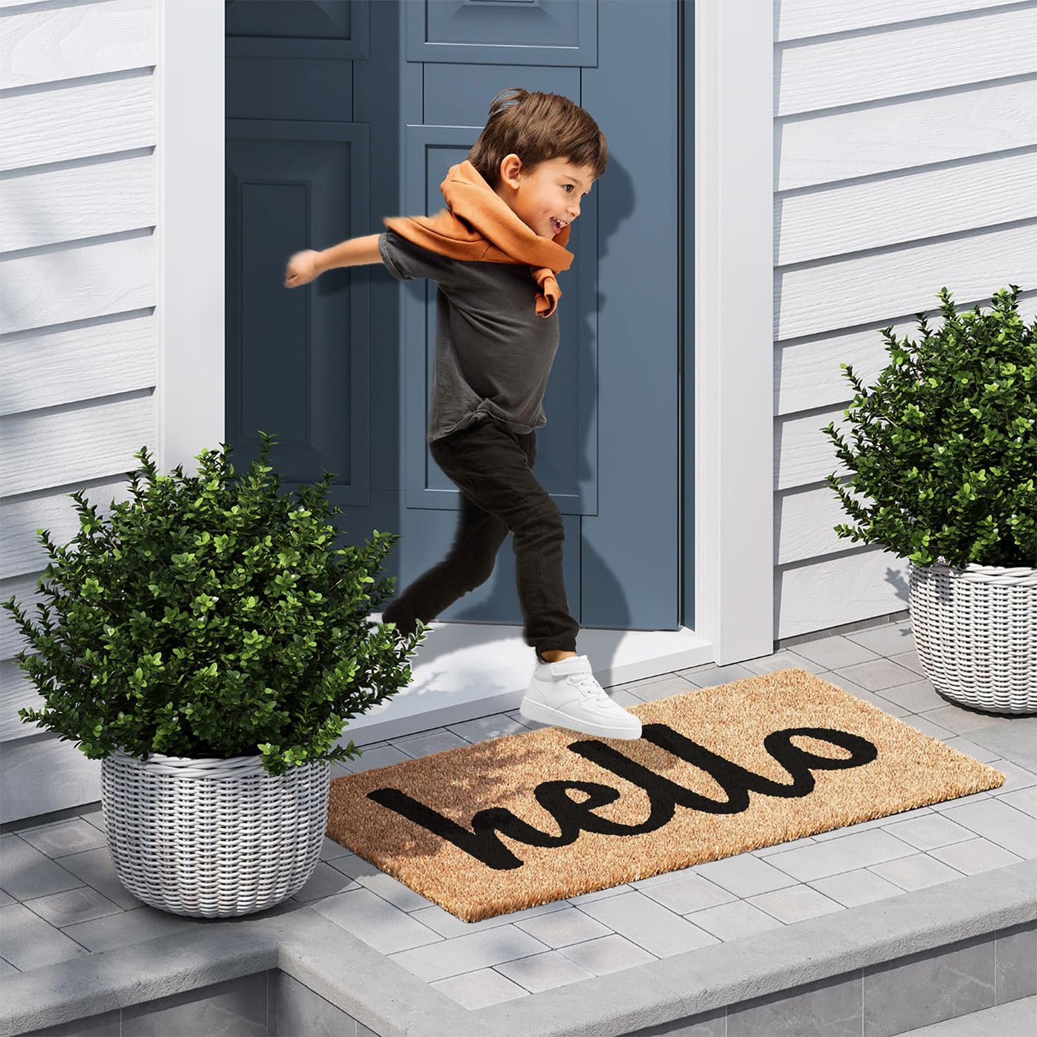 Doormat with bold 'Hello' design in a welcoming entryway